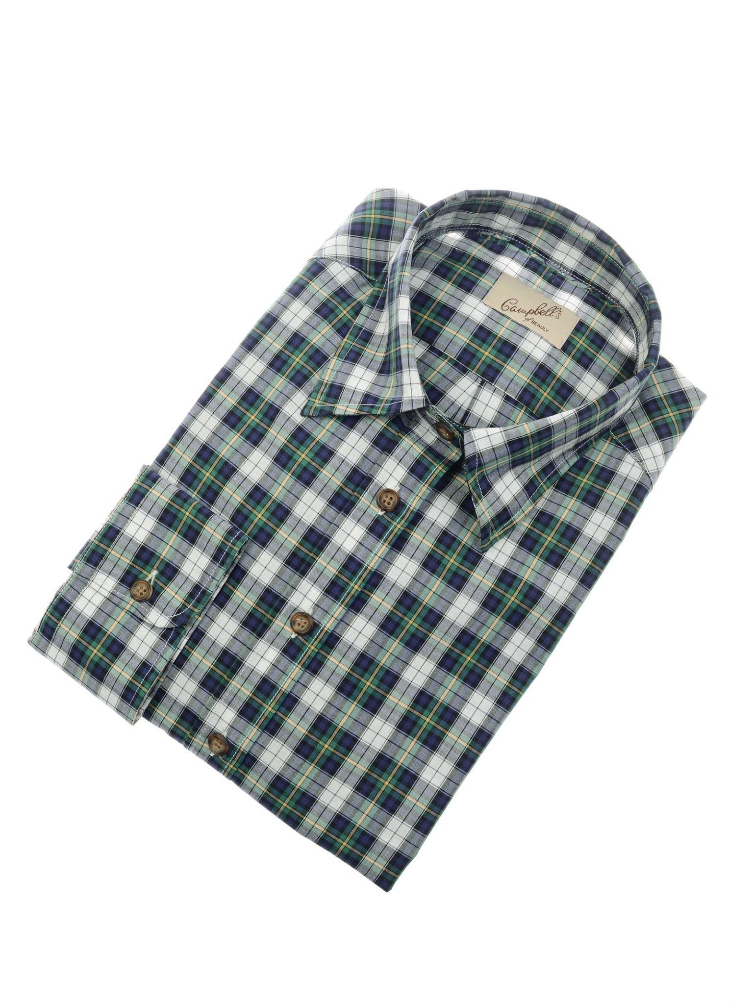 The Campbell's of Beauly Cotton Tartan Shirt is a neatly folded long-sleeve shirt with a blue, green, and white Blackwatch-like plaid pattern, brown buttons, and a brand label inside the collar.
