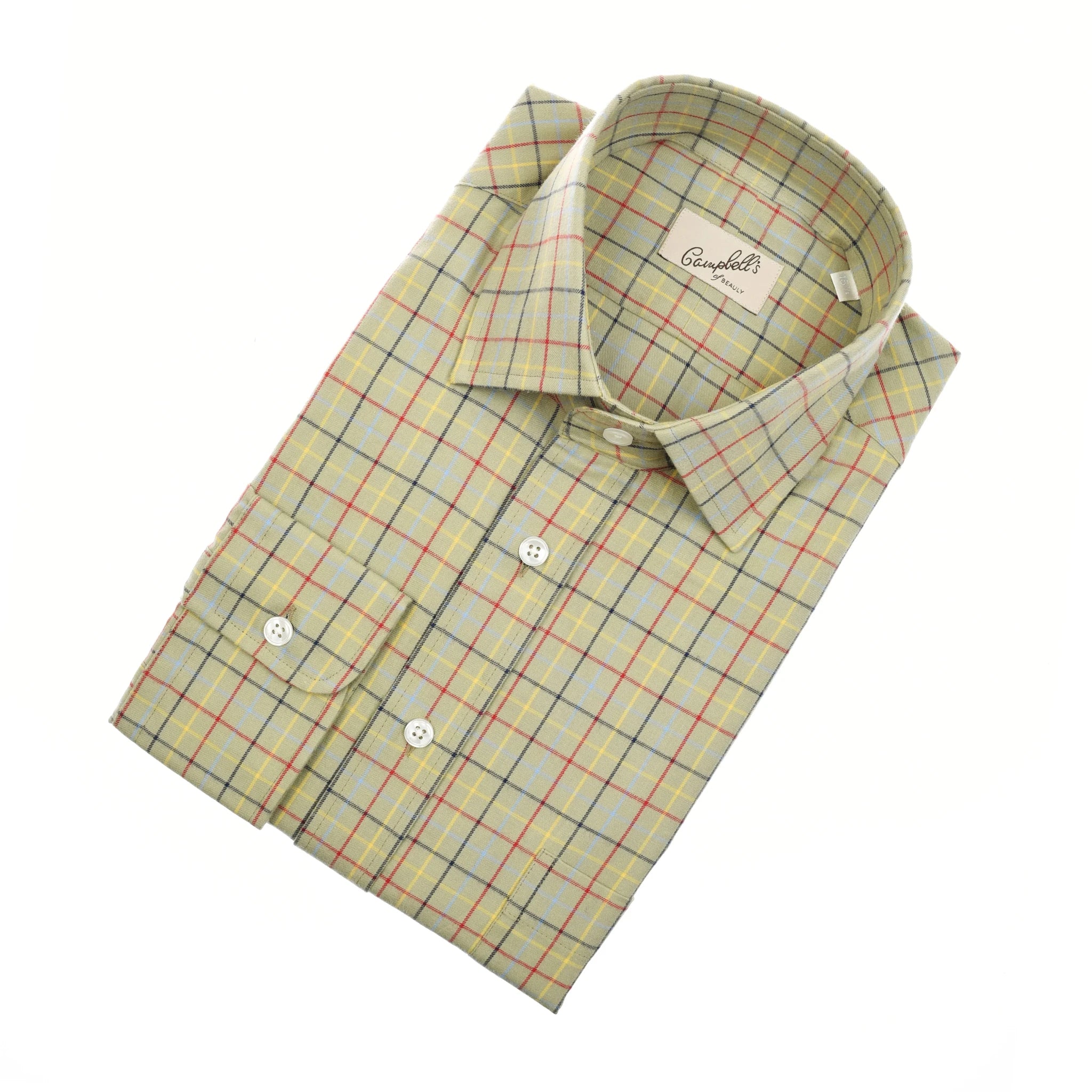 The Campbell's of Beauly Windowpane Shirt is a neatly folded, long-sleeve brushed cotton shirt featuring a yellow base with red, blue, and green plaid, displayed on a white background.