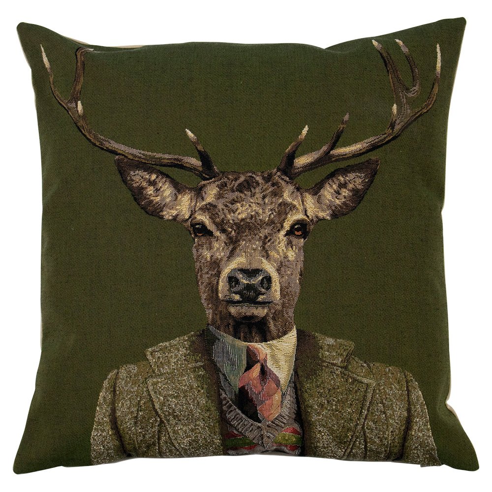 The Campbells of Beauly Jacket & Tie Deer Cushion Cover features a realistic stag in a tweed suit, tie, and shirt on a dark green background—an ideal accent to bring charm to your home decor.