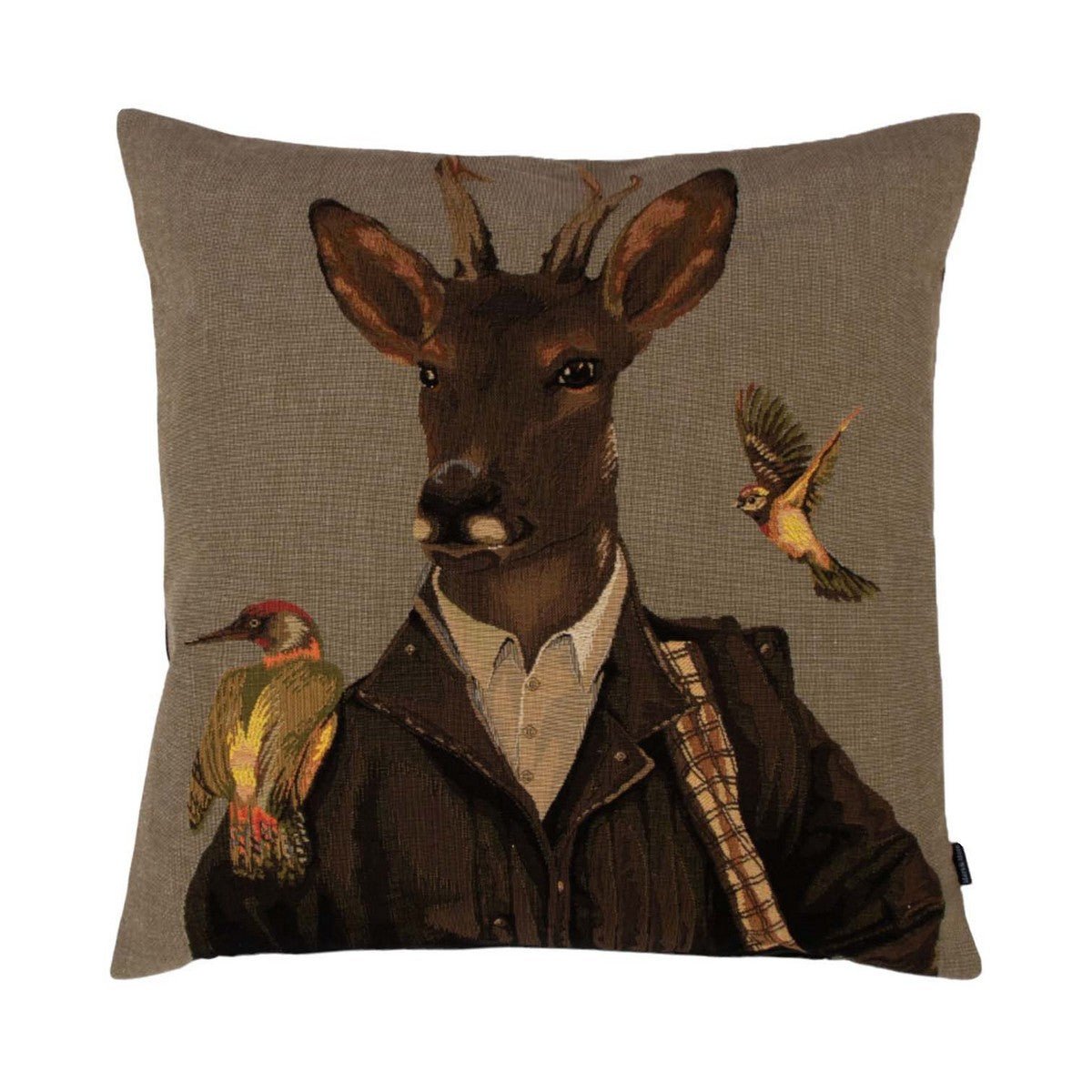 The Roebuck Cushion Cover by Campbell's of Beauly showcases a deer in a jacket with birds on a neutral backdrop—ideal for bringing countryside charm to your home decor.