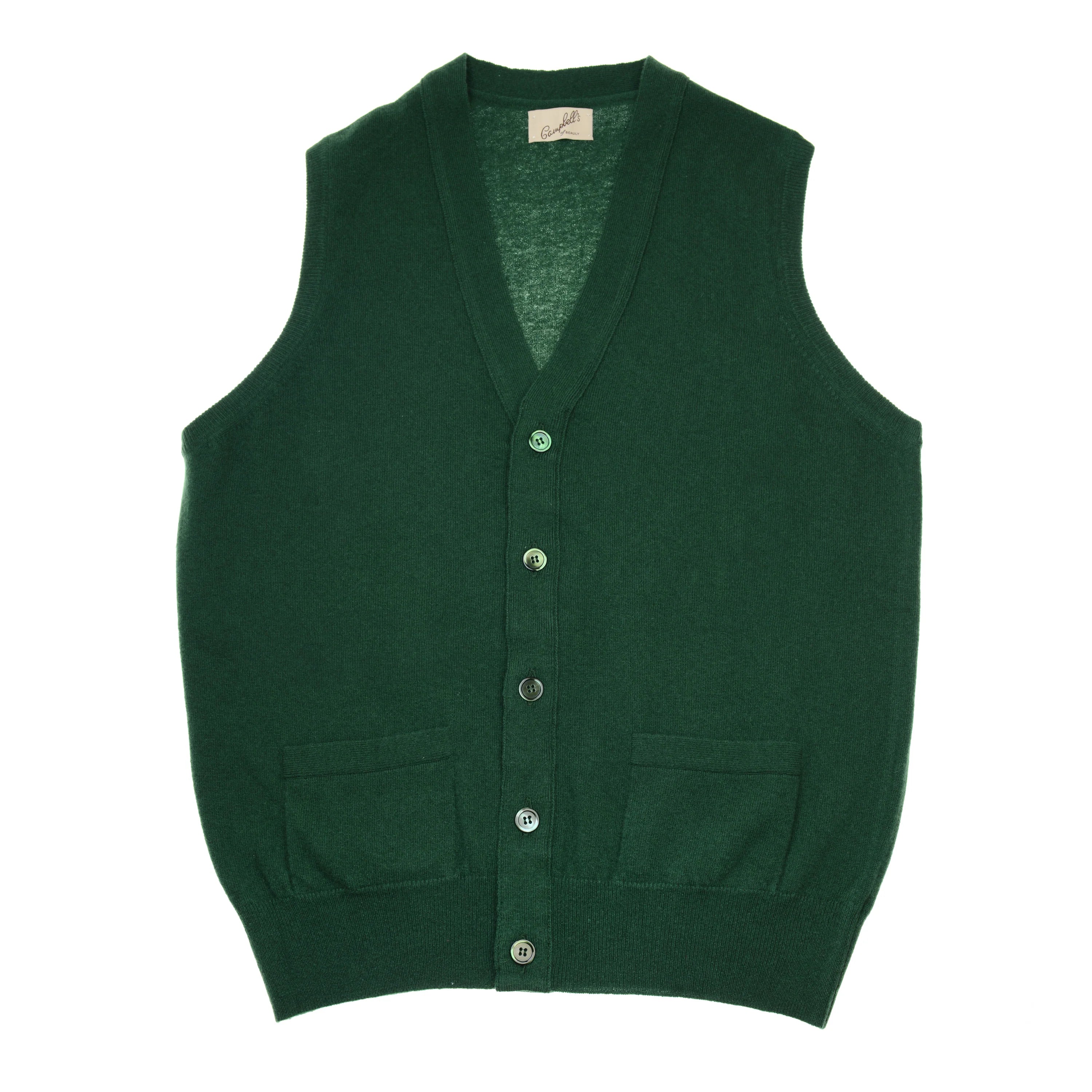 The Auld Stock Geelong Button Waistcoat by Campbell's of Beauly—a sleeveless dark green V-neck knit with front buttons and two pockets—is an ideal country wardrobe staple, shown here laid flat on a white background.
