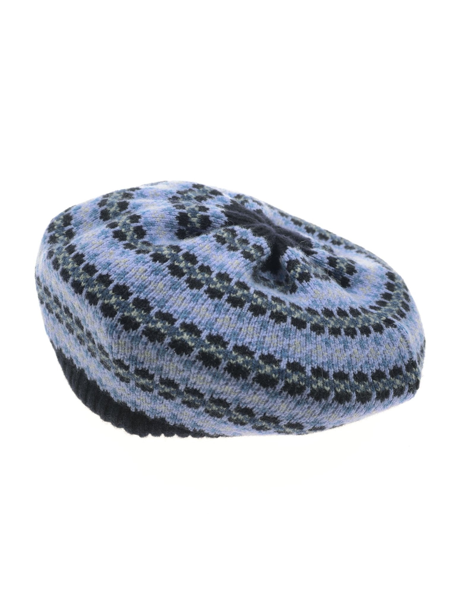 The Campbell's of Beauly Lambswool Fairisle Beret, featuring a blue, black, and gray pattern, is displayed flat on a white background.