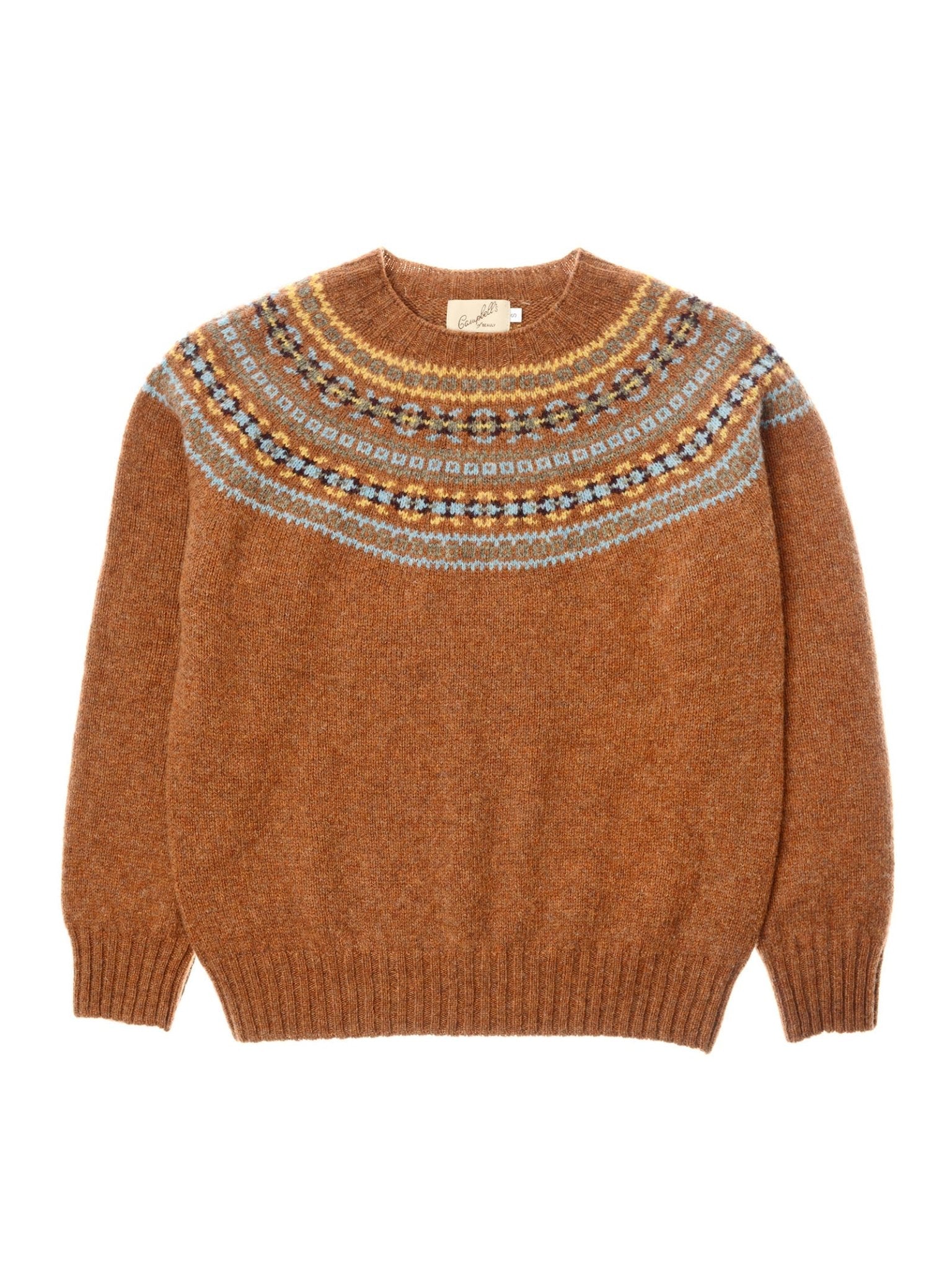 The Fairisle Crew Jumper by Campbell's of Beauly is crafted from soft Geelong lambswool, featuring a colorful yoke with blue, yellow, and white geometric designs. Knitted in Scotland with a crew neck, long sleeves, and ribbed cuffs and hem.