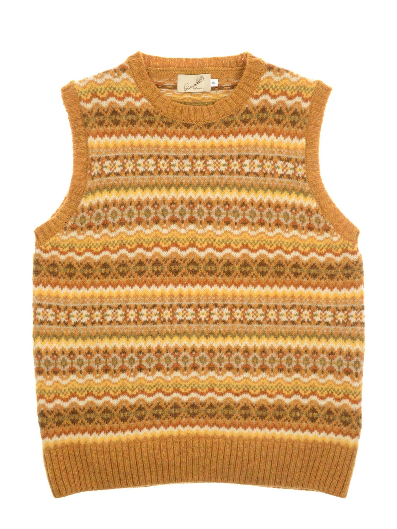 The Campbell's of Beauly Fairisle Crew Tank is a sleeveless vest, knitted in Scotland from soft Shetland wool, with a classic Fair Isle pattern in yellow, brown, cream, and orange and ribbed trims.