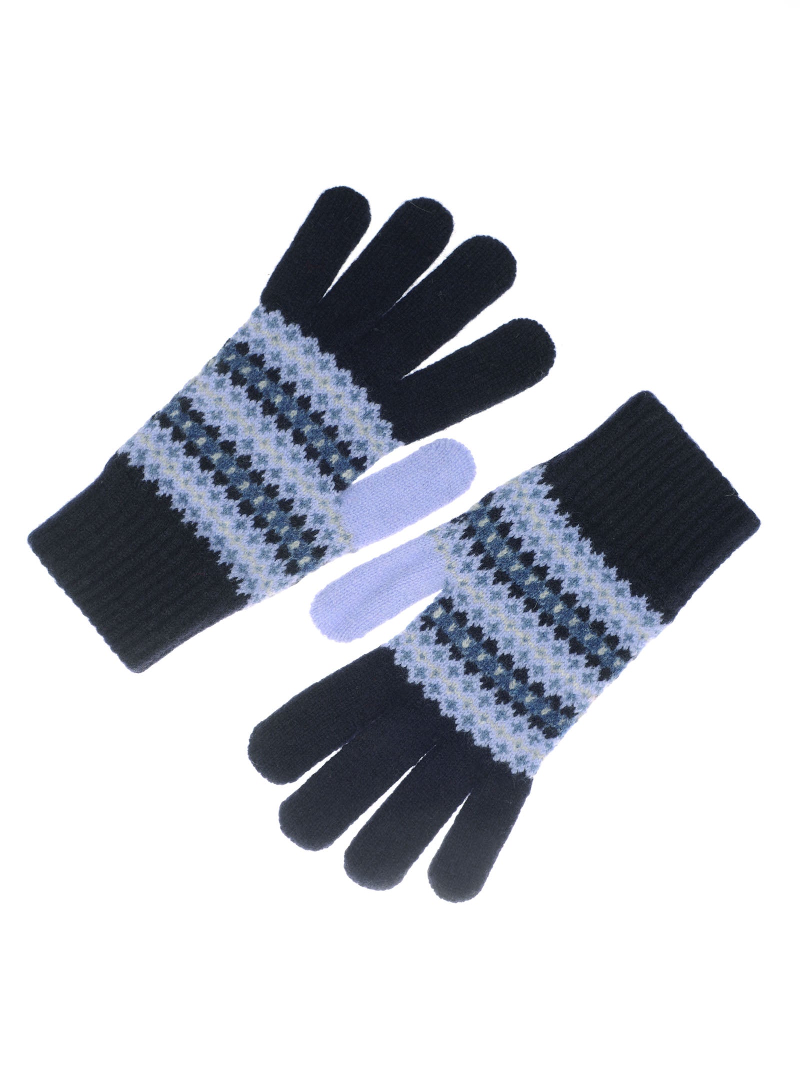 Campbell's of Beauly Lambswool Fairisle Gloves in black, featuring a blue, white, and gray Fairisle pattern across the back and one light purple finger on each glove, shown on a white background.