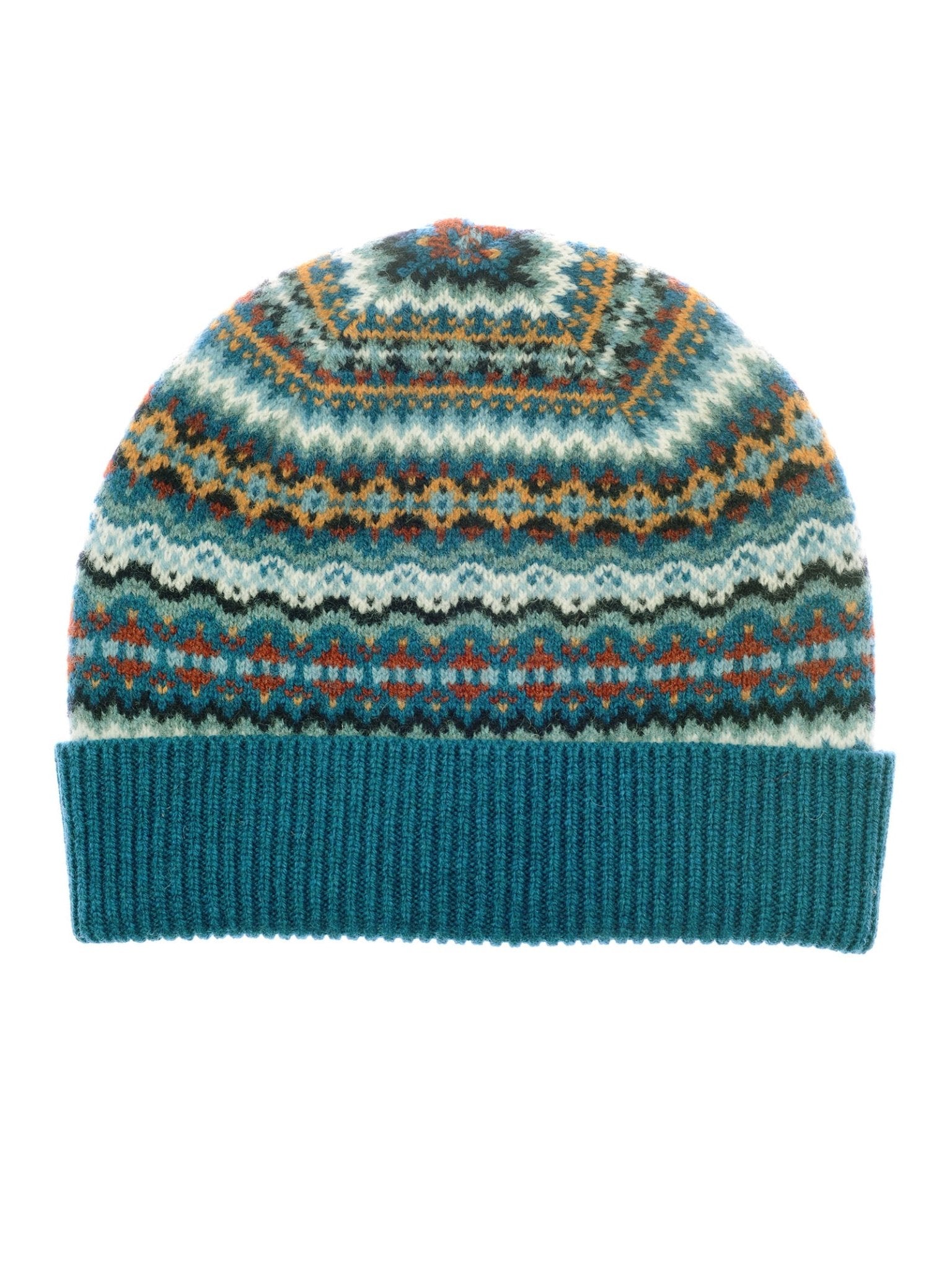 A winter essential, the Lambswool Fairisle Hat by Campbell's of Beauly features a teal ribbed brim and multicolored Fair Isle patterns in blue, orange, white, and yellow.