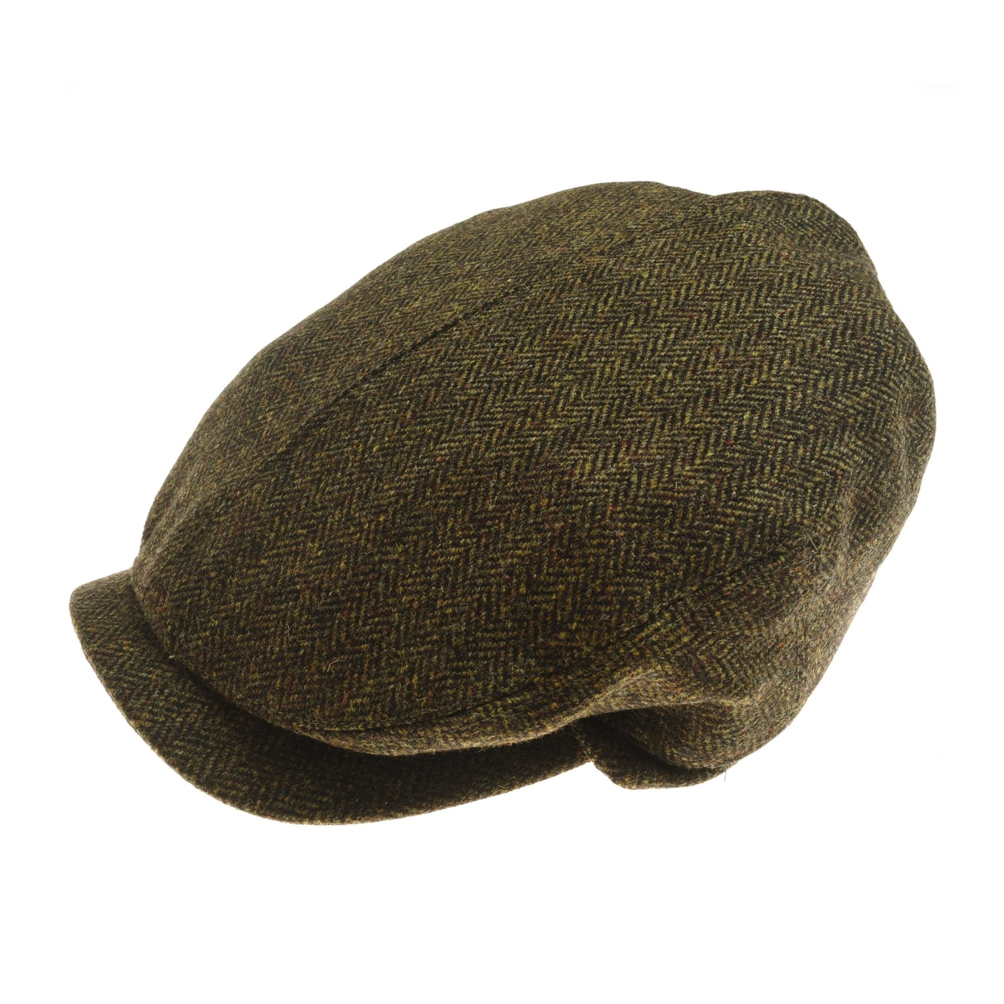 The Unisex Affric Cap by Campbell's of Beauly is a brown tweed flat cap with a curved brim and subtle herringbone pattern, embodying classic British style and shown against a white background.