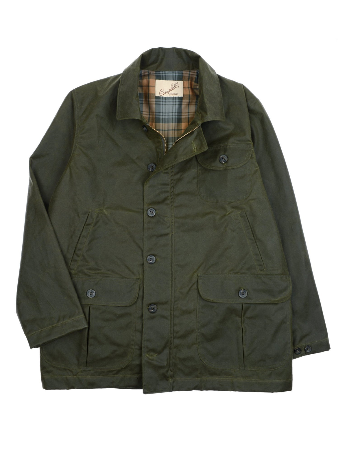The Garve Jacket by Campbell's of Beauly is a dark green waxed cotton jacket with plaid lining, button front, two large flap pockets, and a chest pocket for classic field style, shown flat on a white background.
