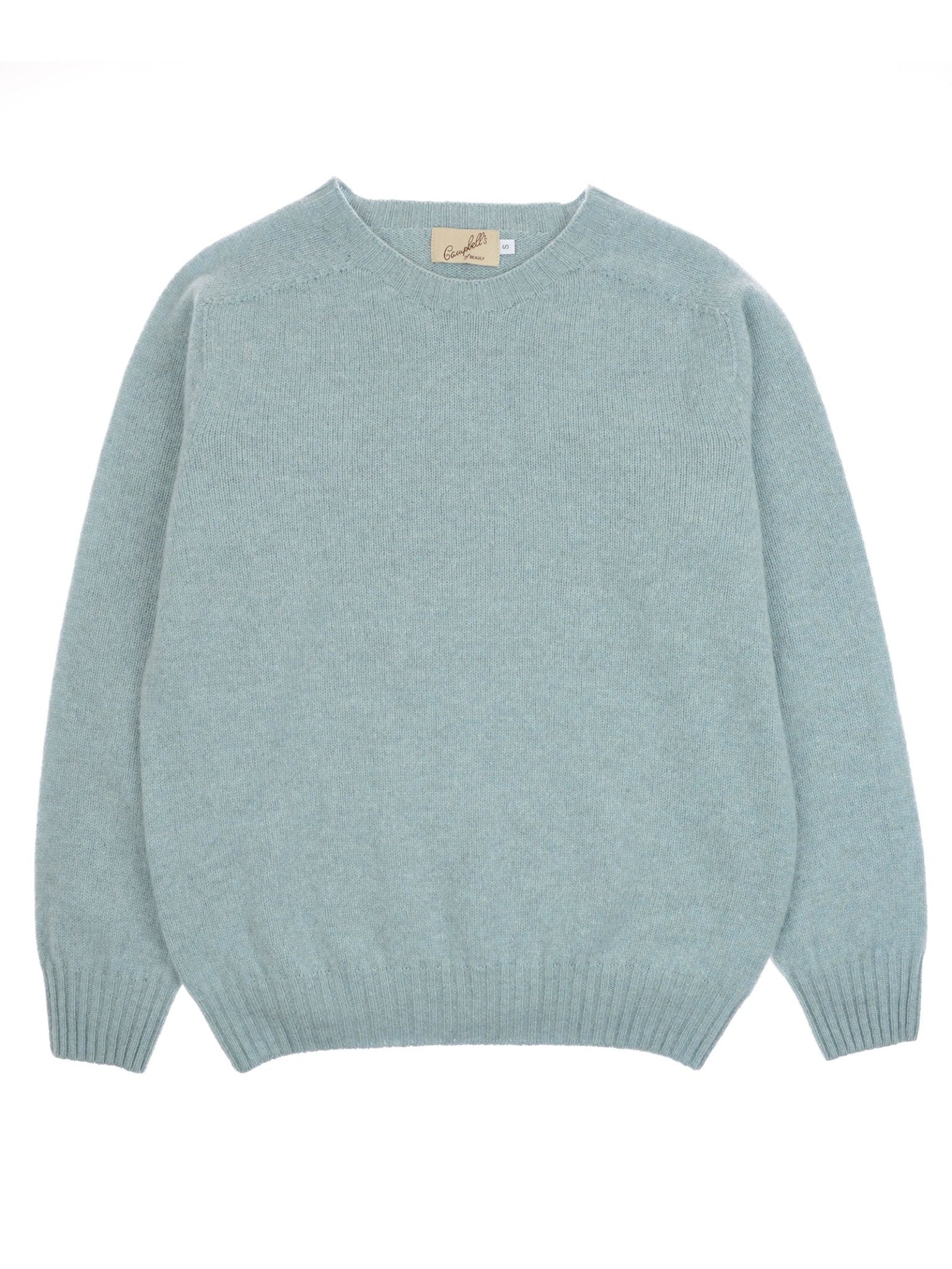 The Campbell's of Beauly Geelong Lambswool Crew Neck Jumper in light blue features long sleeves and ribbed cuffs, hem, and neckline. Made in Scotland from soft, fuzzy lambswool, it's displayed flat on a white background.