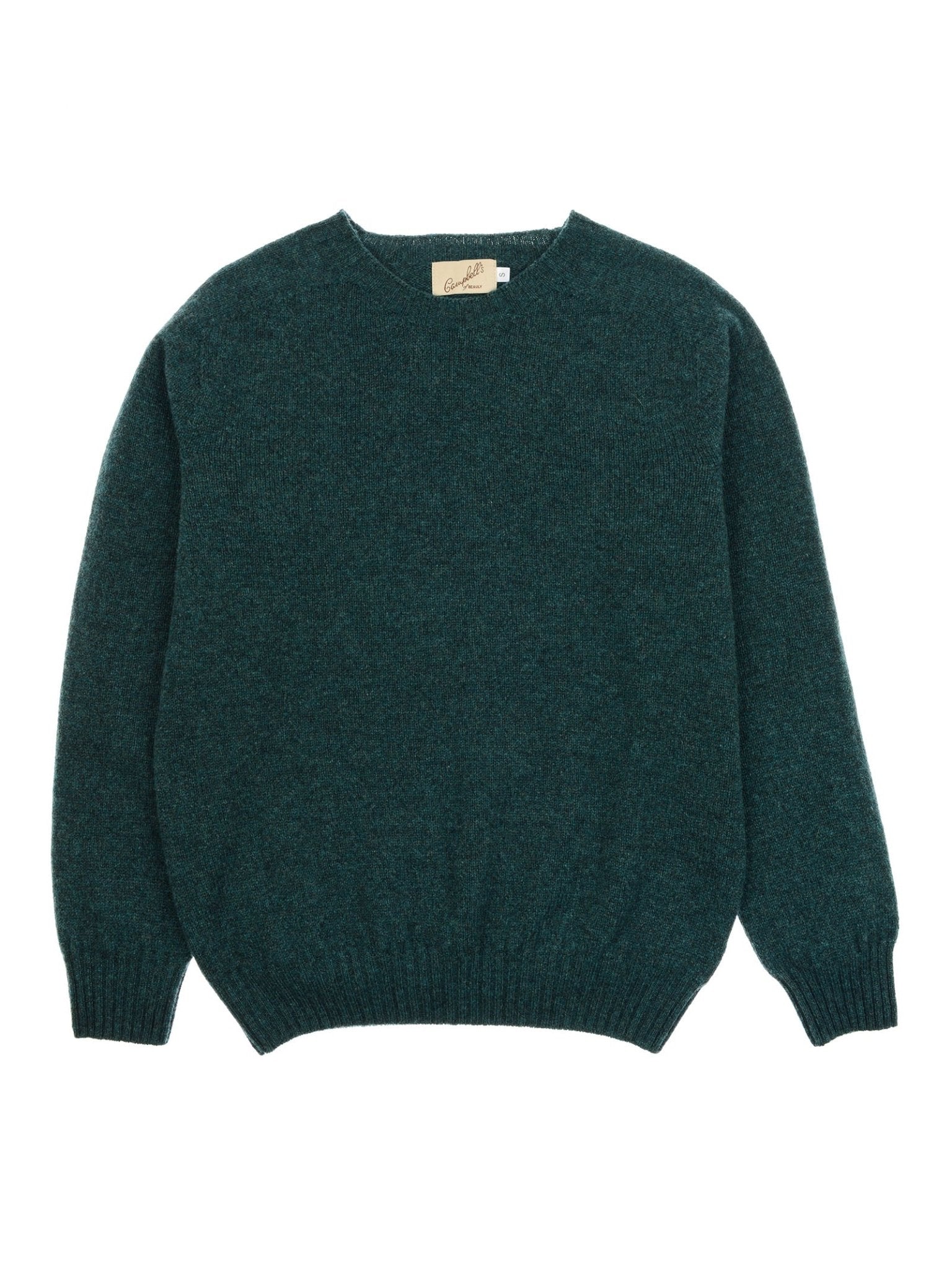 The Geelong Lambswool Crew Neck Jumper by Campbell's of Beauly, in dark green with long sleeves and ribbed trims, is made in Scotland and shown laid flat on a white background.