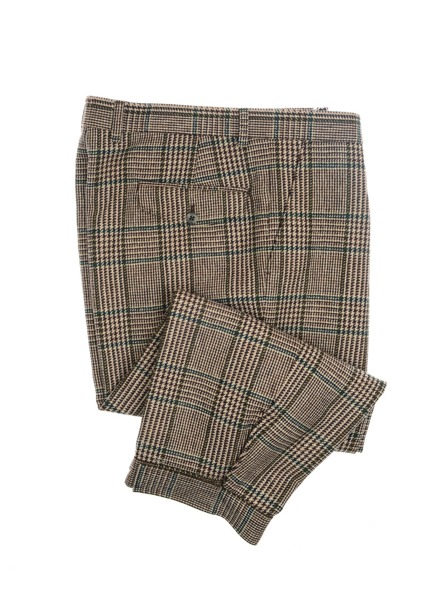 Campbell's of Beauly Tweed Breeks in brown and black plaid, Scottish-woven and neatly folded on a white background, feature a buttoned back pocket—an enduring choice for classic country style.