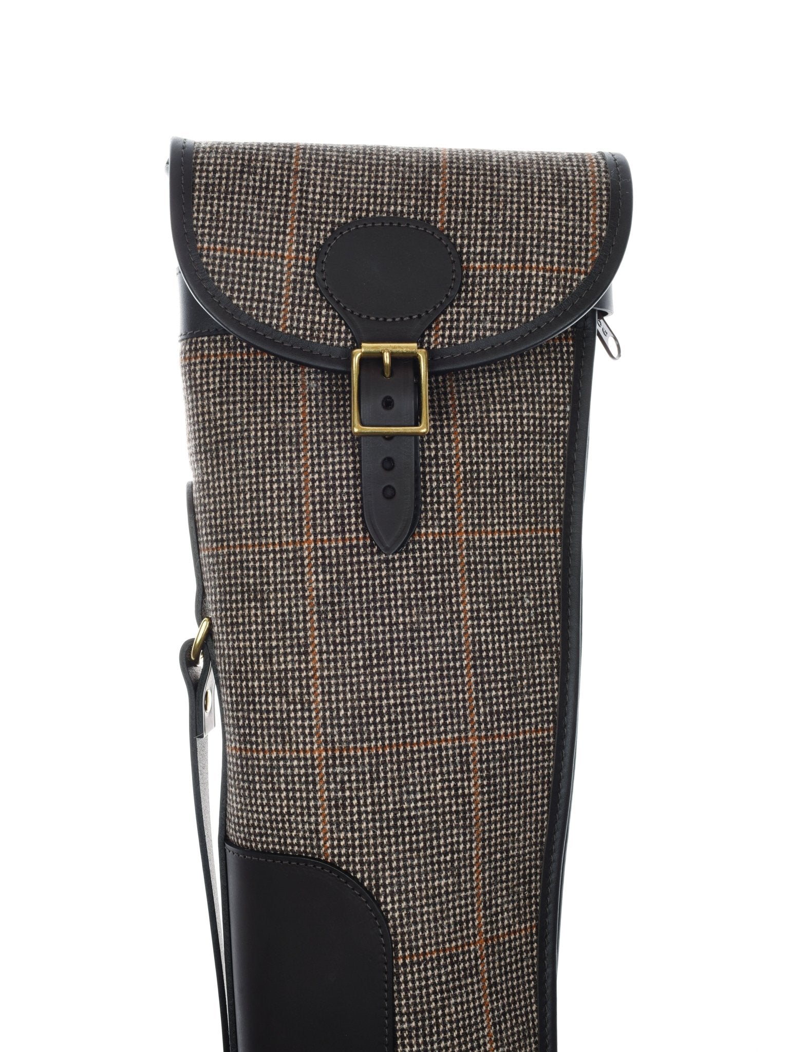 The Campbell's of Beauly Gun Slip features British tweed, Malton leather trim, a brass buckle, and an adjustable shoulder strap, shown against a white background.