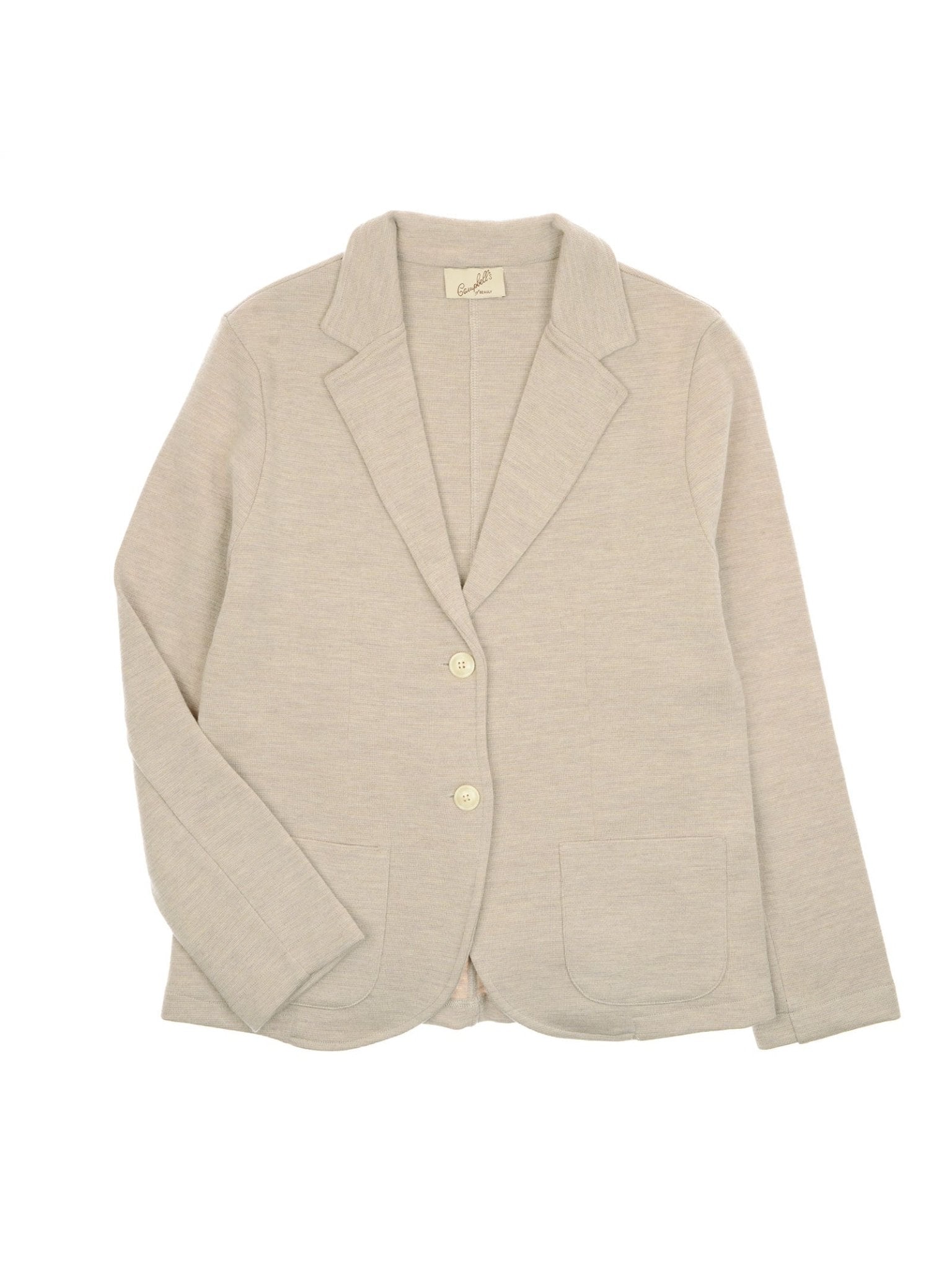 Campbell's of Beauly Merino Blazer in beige, featuring two front buttons, two front pockets, and a notched lapel collar. Made in Italy and displayed flat on a white background.