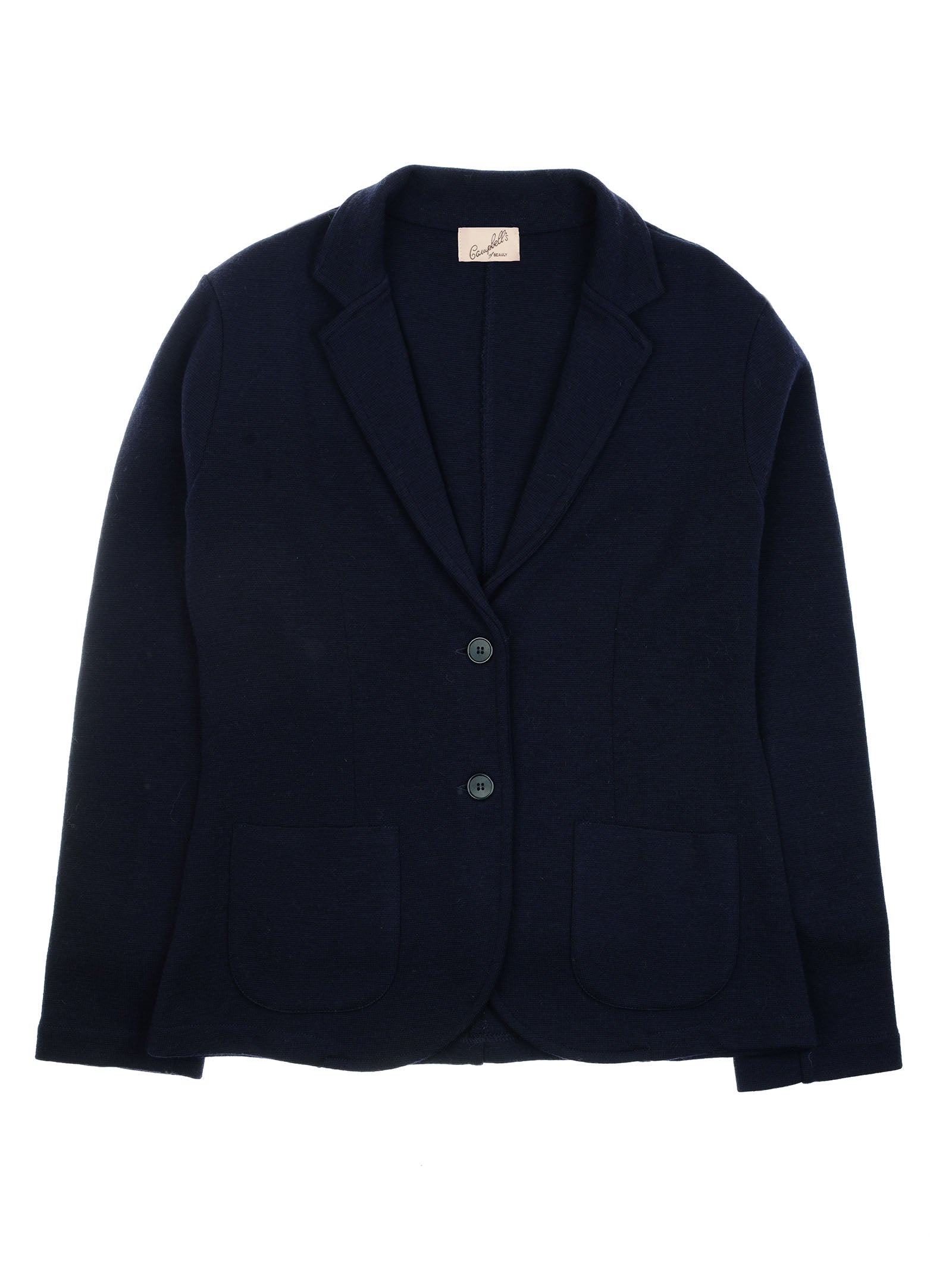 A navy blue Merino Blazer by Campbell's of Beauly, expertly made in Italy from merino wool, features two buttons, two patch pockets, and a white Campbell's tag at the neckline.