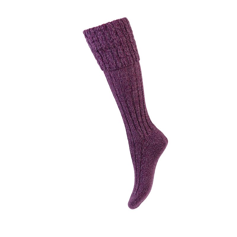 A single heather Merino Harris Shooting Sock by Campbell’s of Beauly, featuring a knee-high length and folded ribbed cuff, is displayed against a plain white background to showcase premium merino knitwear.