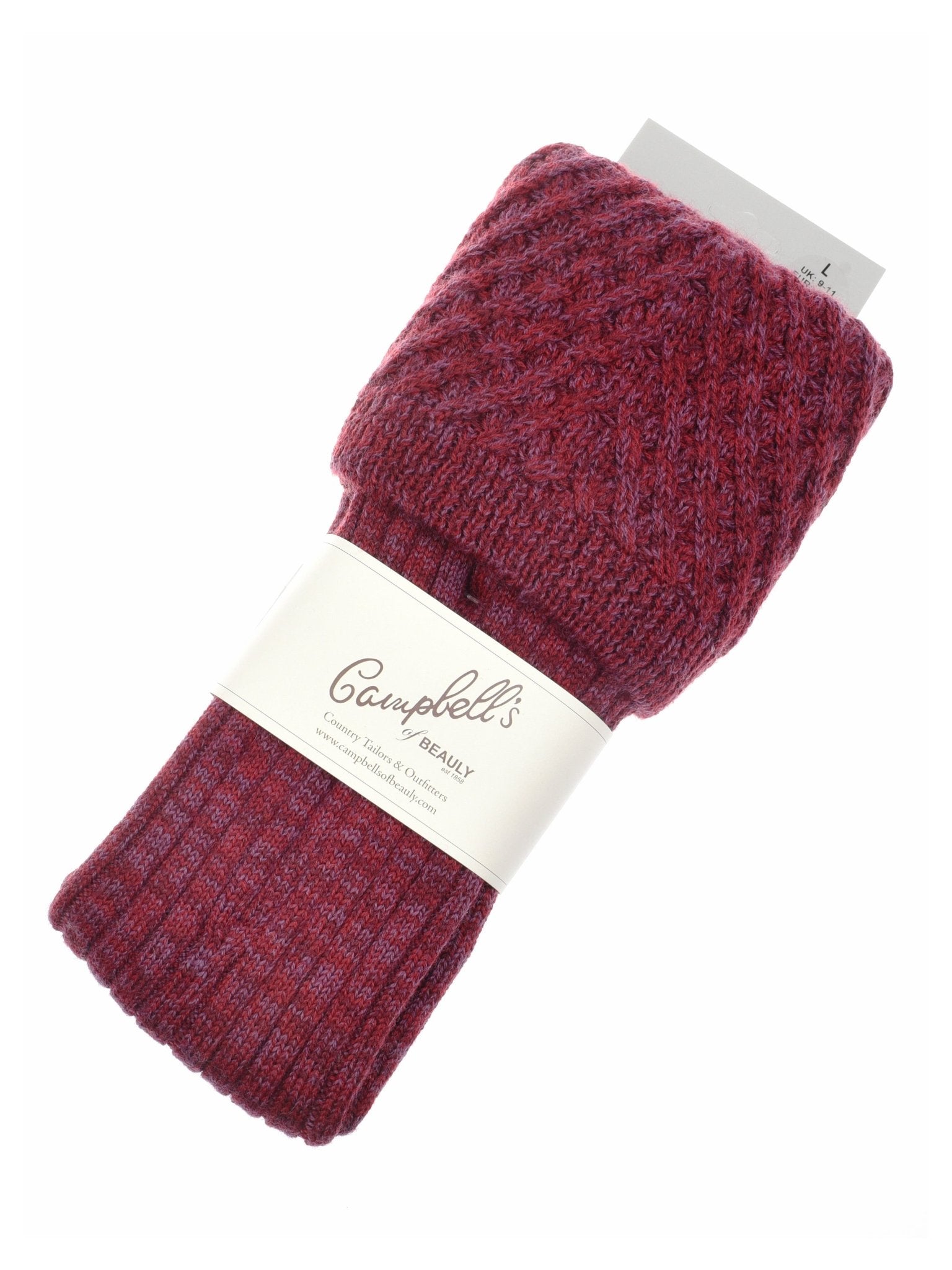 A pair of thick, red and purple Lattice Shooting Socks by Campbell’s of Beauly, folded together with a white Campbell’s of Beauly label wrapped around them.