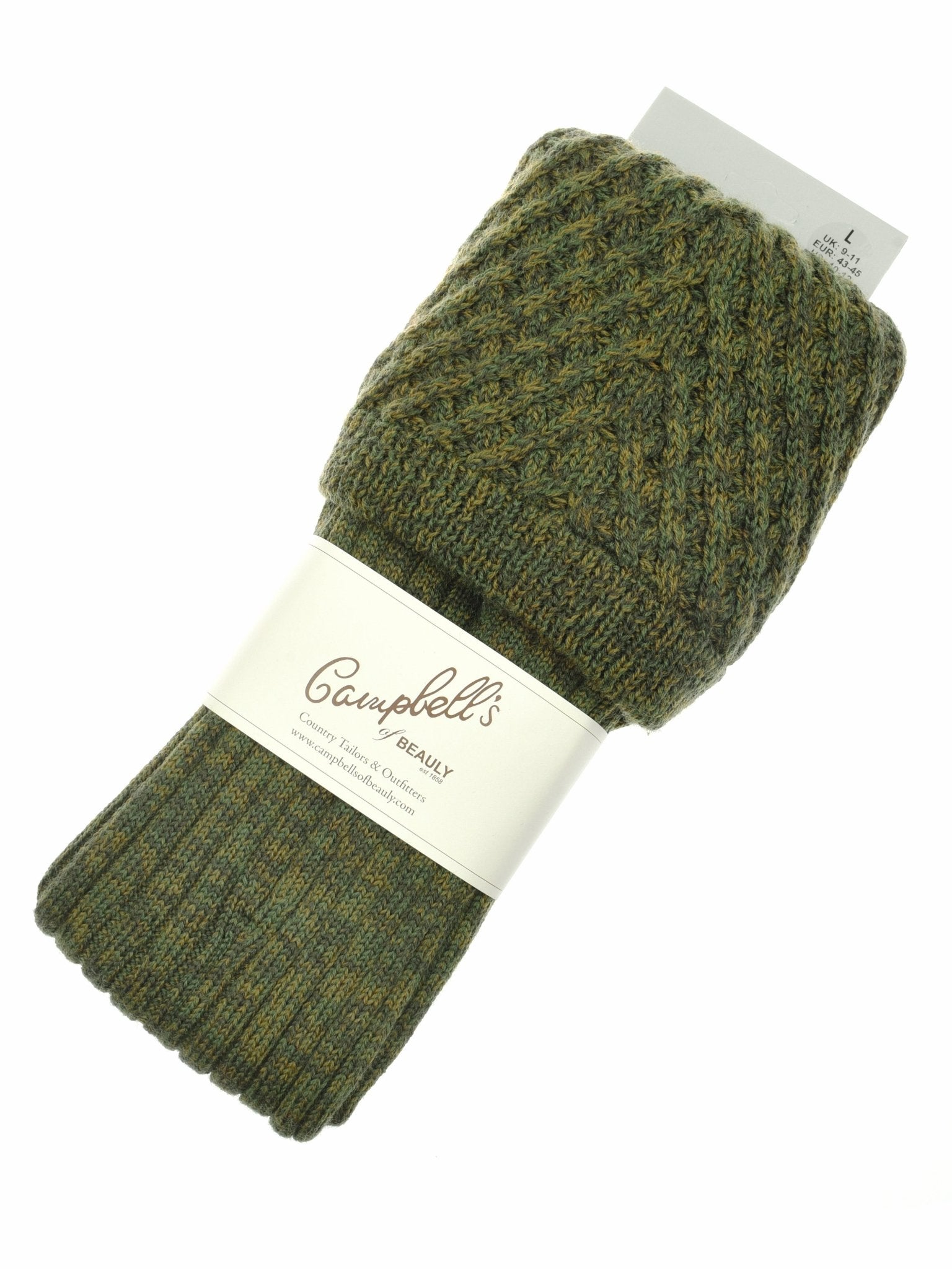 A pair of folded green Lattice Shooting Socks by Campbell's of Beauly, crafted in Scotland from merino wool with a textured knit, wrapped in a white Campbell’s label.