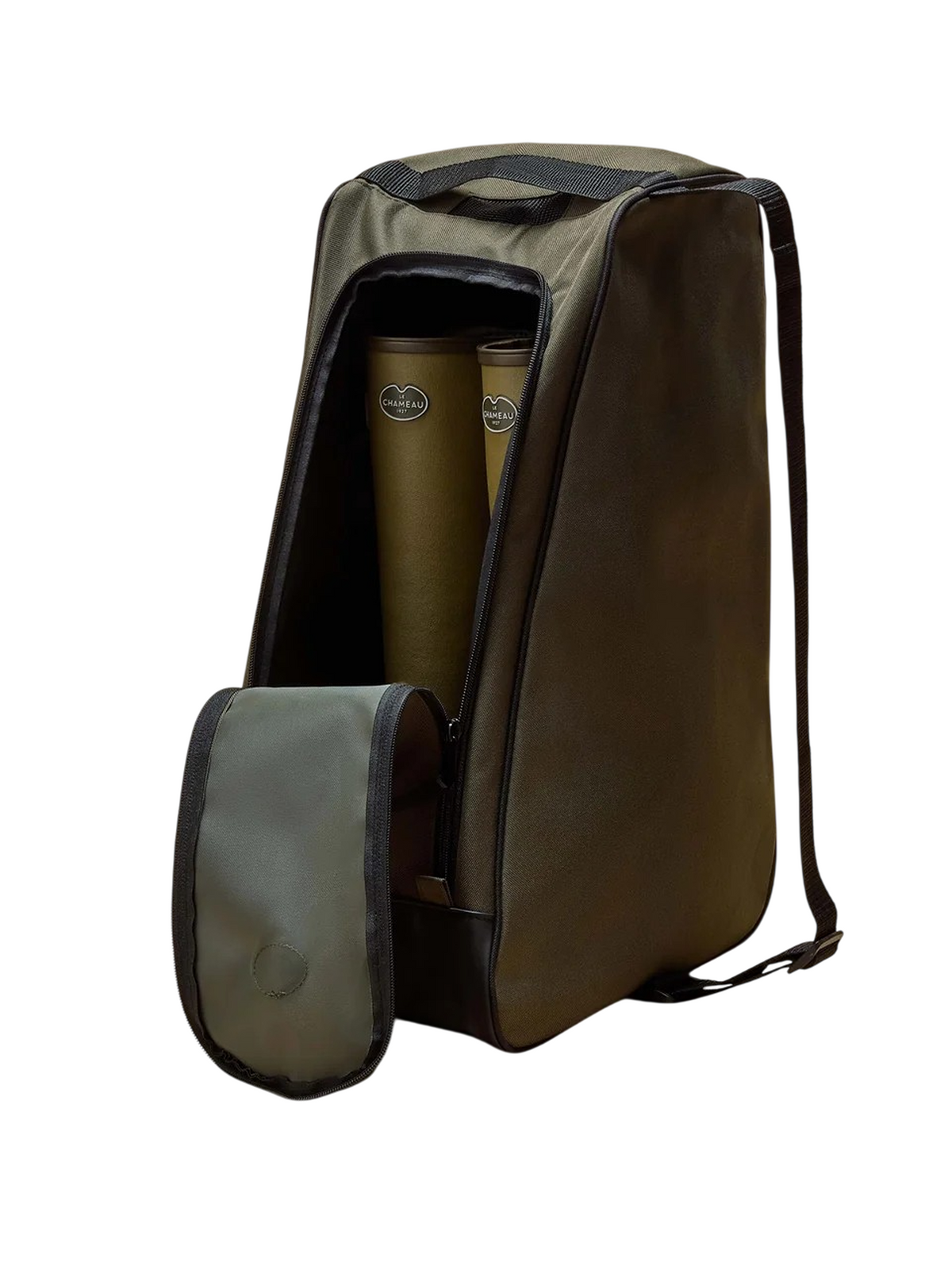 Olive green tall Boot Bag Green by Le Chameau with an open zippered front, containing a pair of Wellington boots.