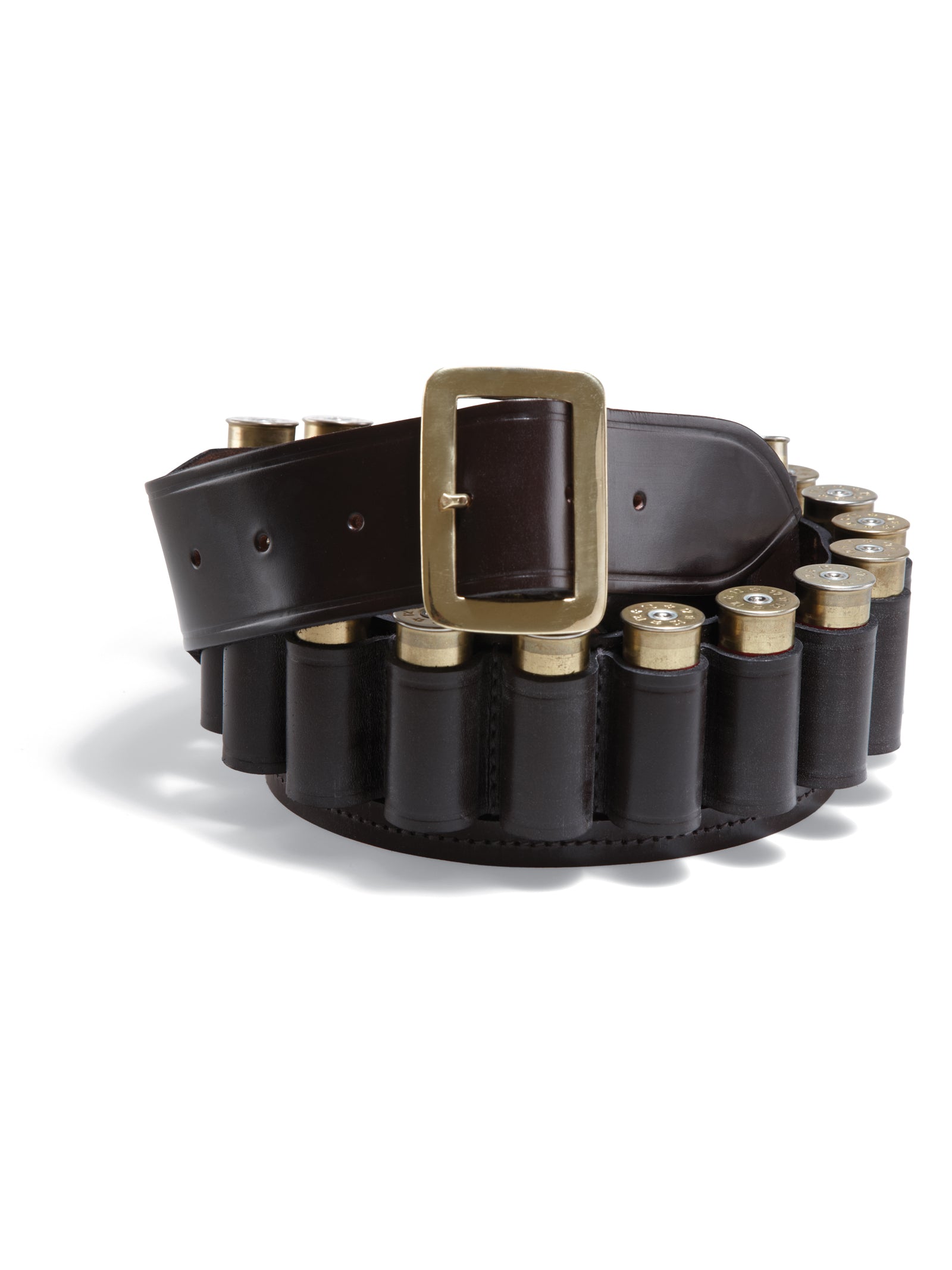 The Unisex Cartridge Belt by Campbell's of Beauly is a dark brown leather belt with a gold buckle and loops for 12 and 20 bore cartridges—perfect durable field gear to keep your ammunition close at hand.