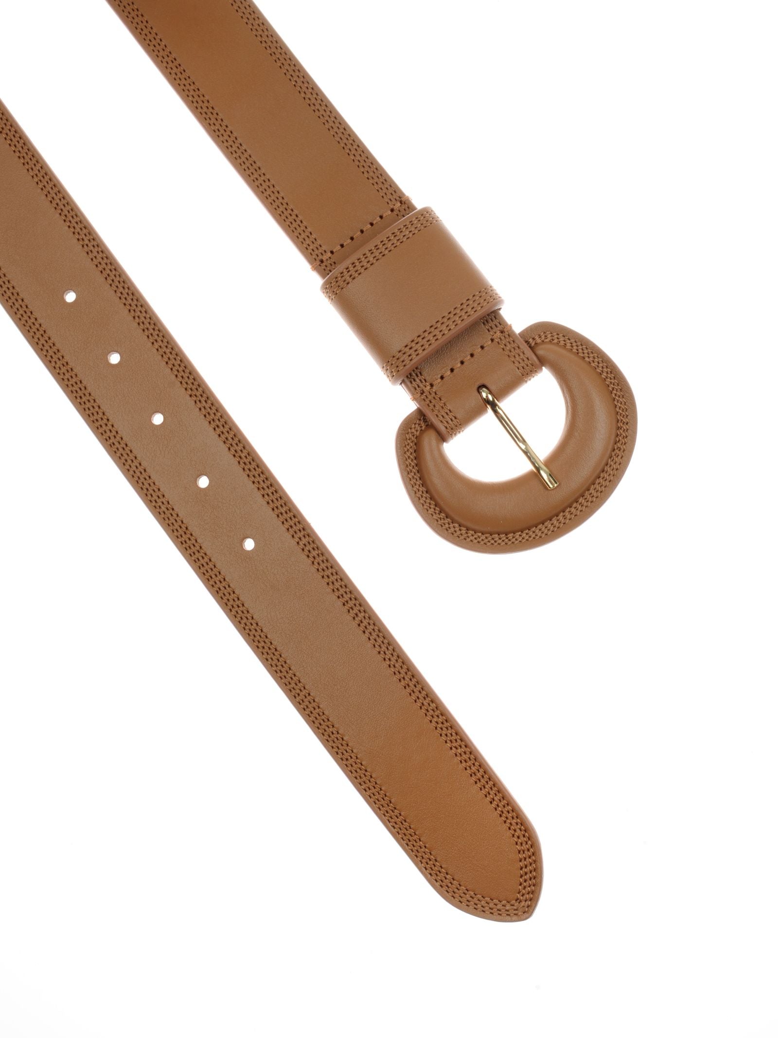 A close-up of the Campbell's of Beauly Caramel Leather Belt, handmade in Italy, with a tan strap, rounded brass buckle, gold prong, and multiple adjustment holes shown against a white background.