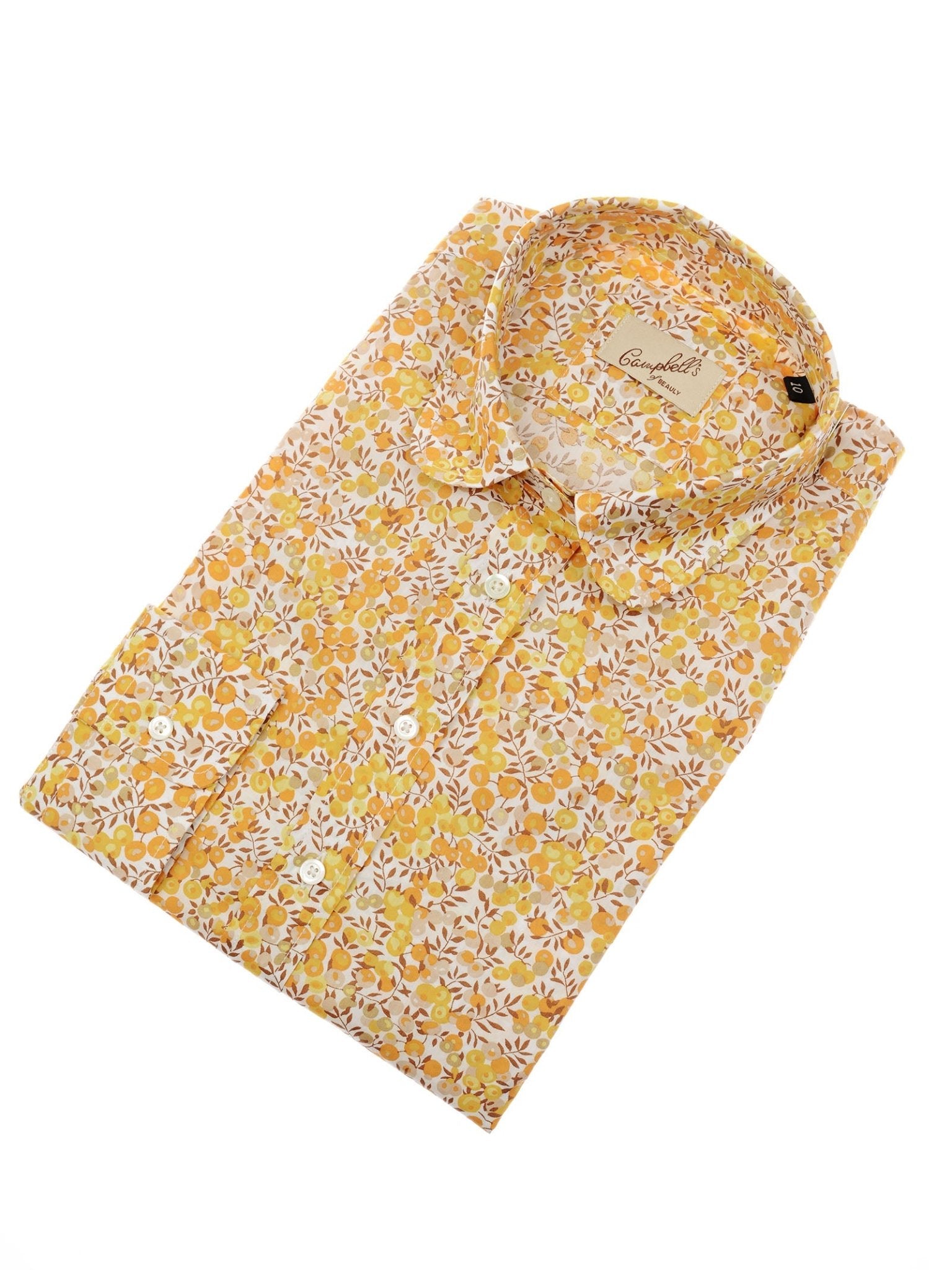 The Campbell's of Beauly Liberty Print Cotton Shirt features long sleeves, a yellow and orange floral pattern on white, a classic collar, and white buttons. Made from soft Tana Lawn cotton.