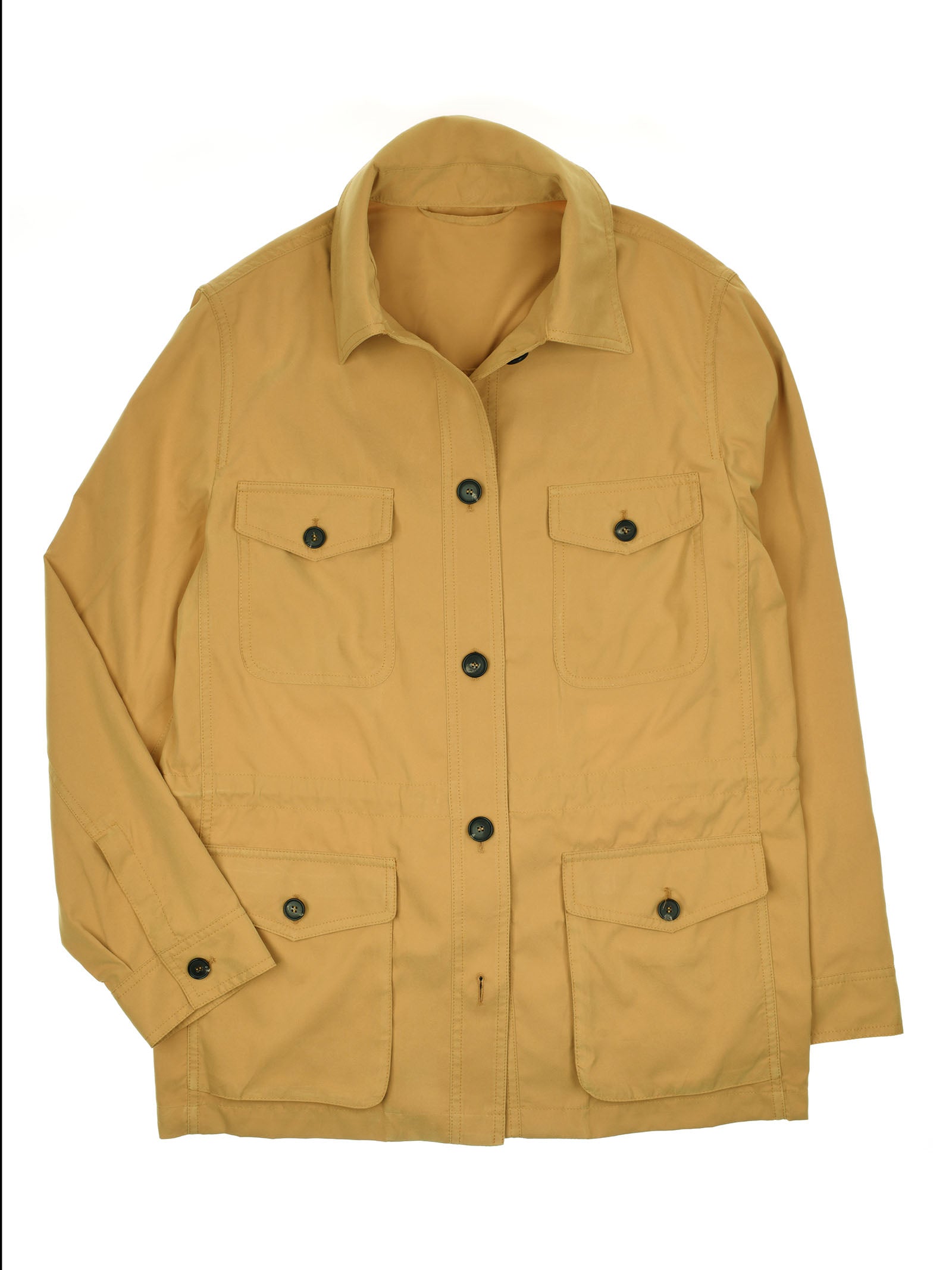 The Campbell's of Beauly Lightweight Aigas Field Jacket in tan, featuring a collar, button front, and four buttoned pockets (two chest, two waist), is shown laid flat on a white background.
