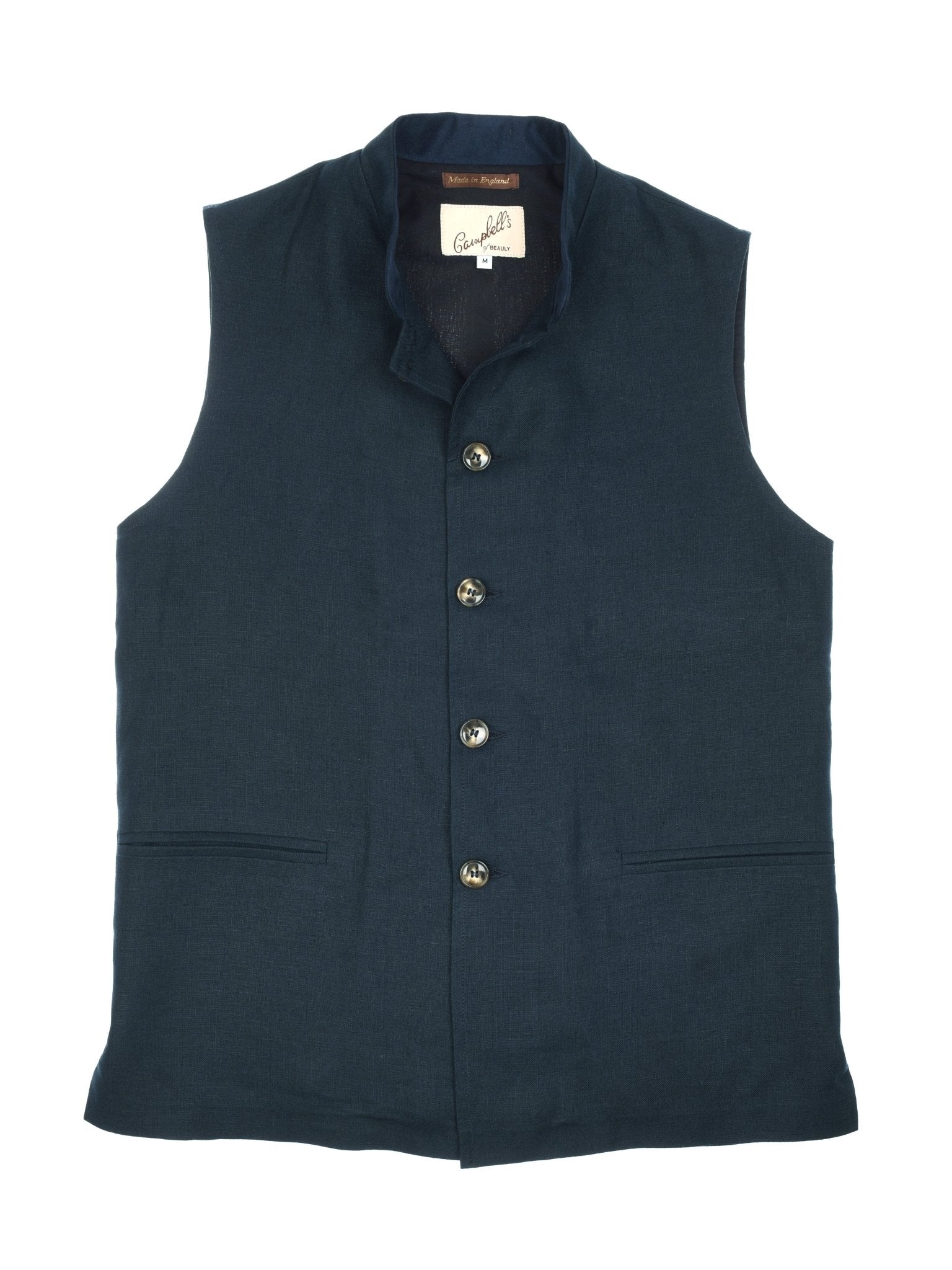 The Campbell’s of Beauly Linen Nehru Gilet is a sleeveless, dark blue layer with a mandarin collar, four front buttons, and two slit pockets—perfect for summer—shown laid flat on a white background.
