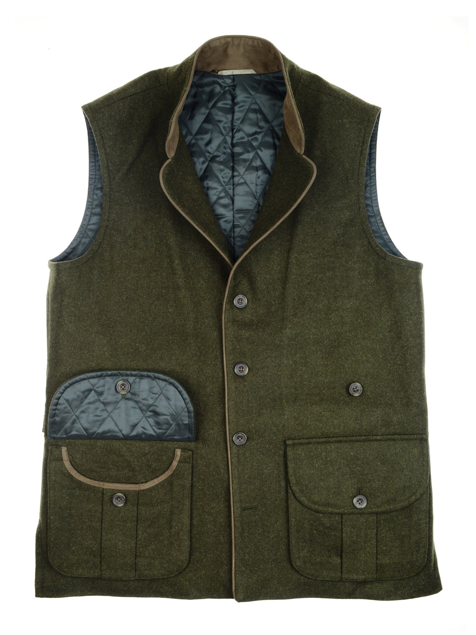 The Luxury Field Nehru Gilet by Campbell's of Beauly is a loden green wool vest with quilted blue satin lining, brown trim, high collar, three front buttoned pockets, and four-button fastening for a refined finish.
