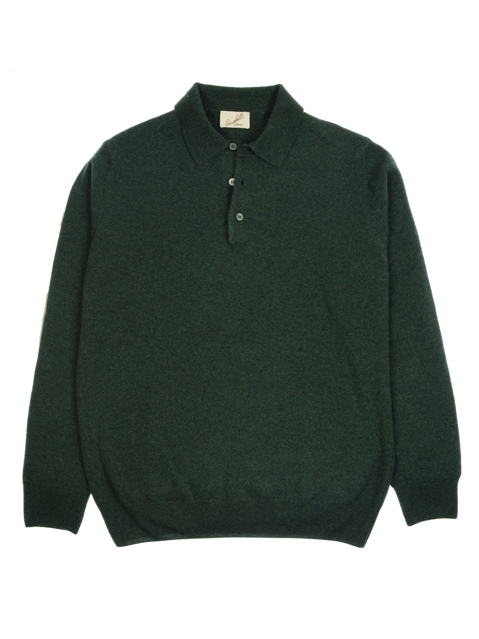 The Merino & Cashmere Rugby by Campbell's of Beauly is a dark green, long-sleeve knit polo sweater with a tailored fit, classic collar, and three buttons, shown laid flat on a white background.