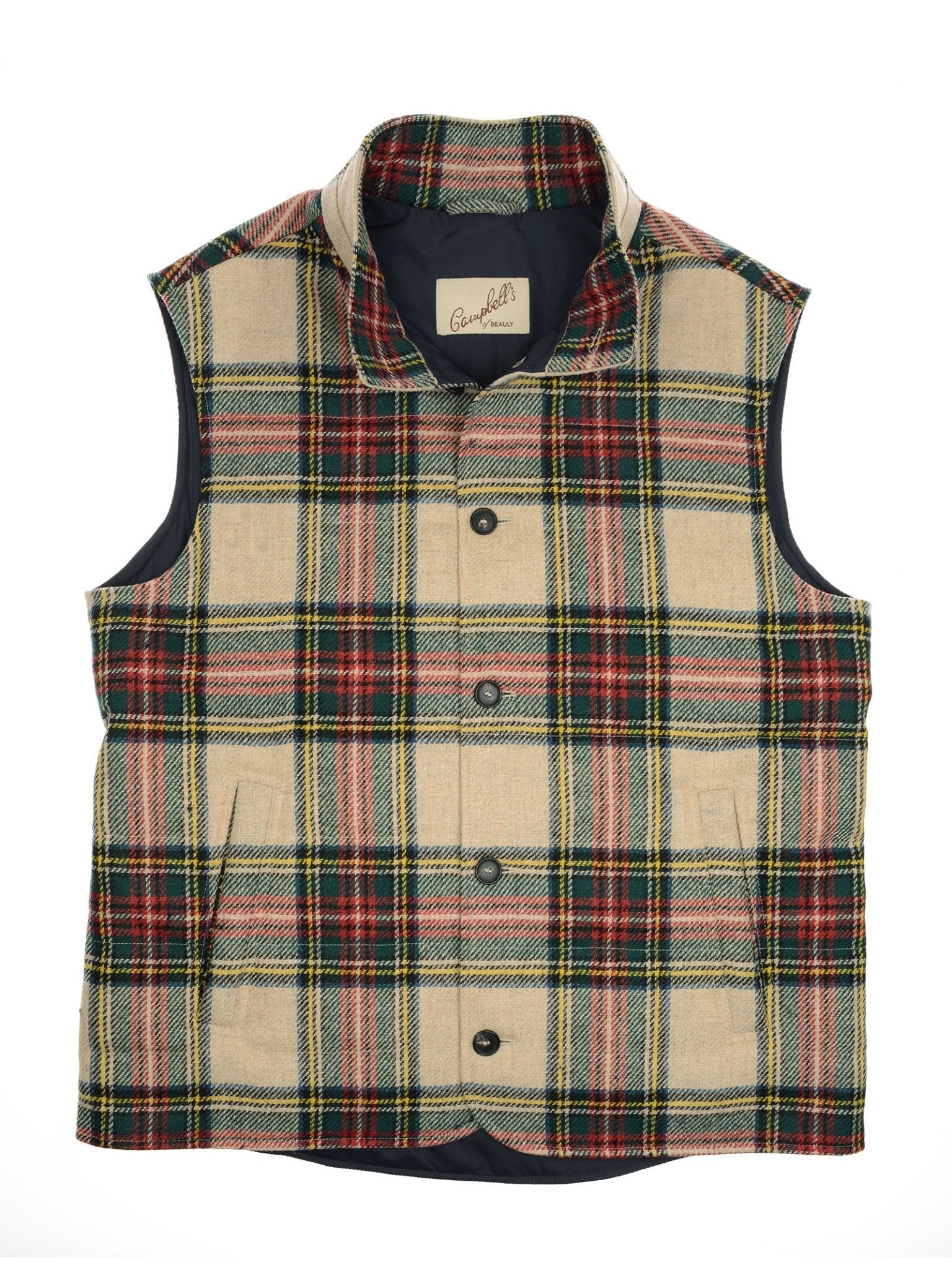 Sleeveless quilted gilet in the Antique Dress Stewart colorway—a beige, red, green, and black plaid. Inspired by British tweed tradition, this Campbell’s of Beauly vest features a high collar, black button closure down the front, dark interior lining, and a branded label inside.