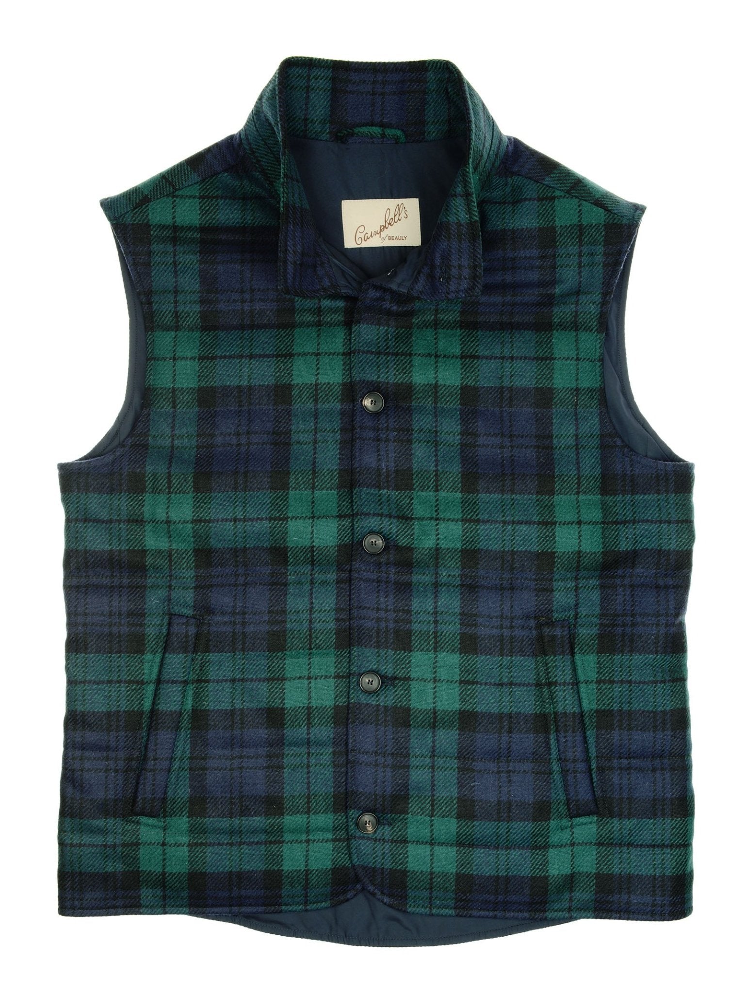 The Quilted Buttoned Gilet by Campbell’s of Beauly features a classic Blackwatch plaid pattern, a button front, and a stand-up collar, blending timeless British tweed style with modern versatility.