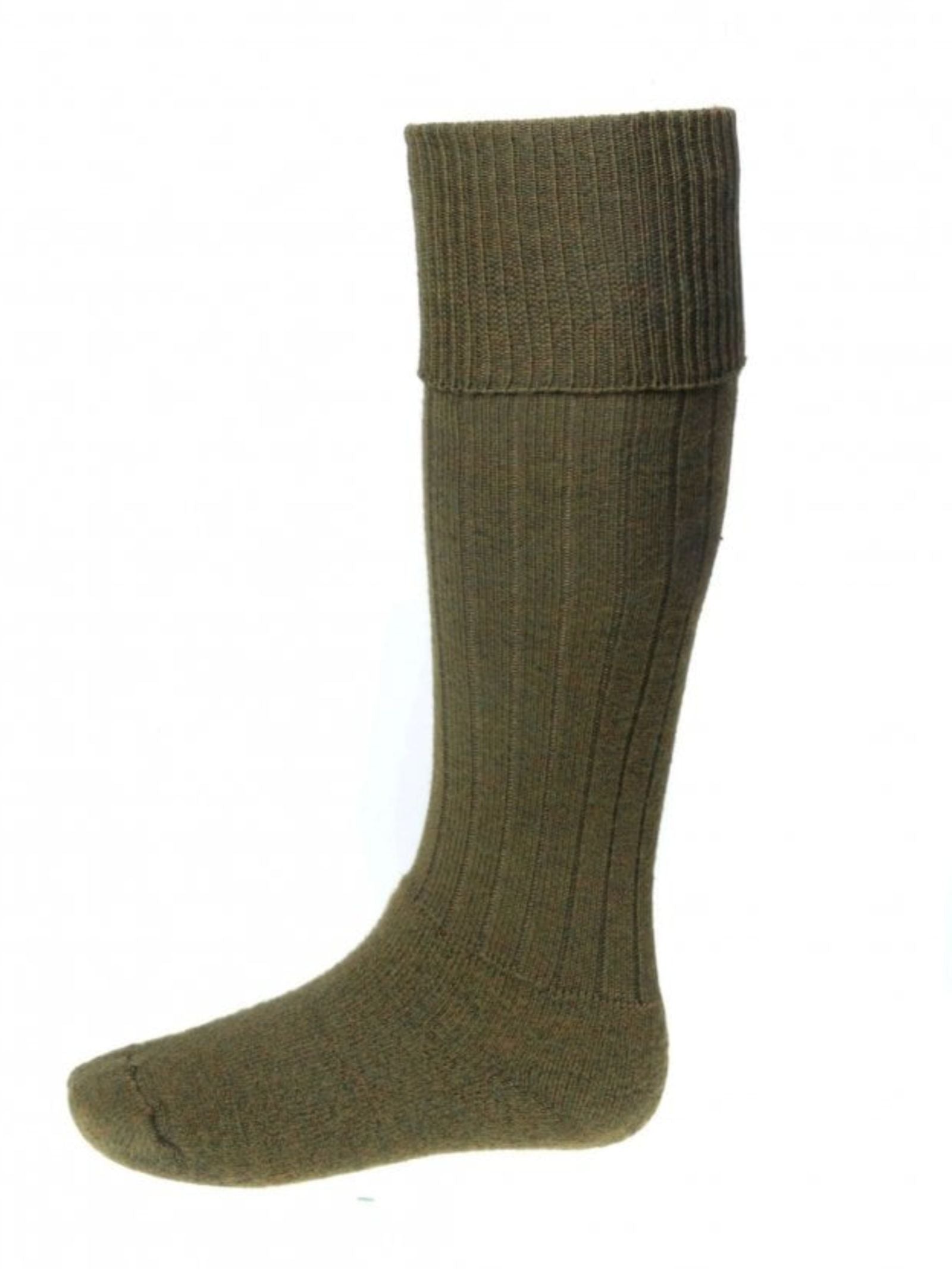 The Scarba Shooting Sock by Campbell's of Beauly is shown in olive green ribbed wool with a folded cuff, photographed against a plain white background—perfect for countryside sock enthusiasts.
