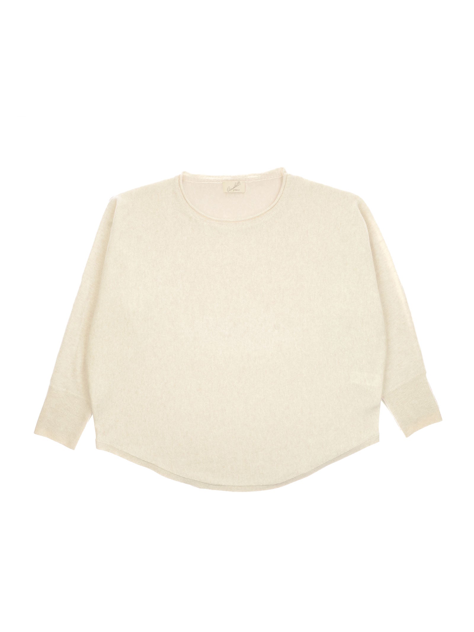 The Campbell's of Beauly Merino Cashmere Boat Neck Jumper is cream-colored with long sleeves, a relaxed fit, and a subtly rounded hem, shown laid flat on a white background.