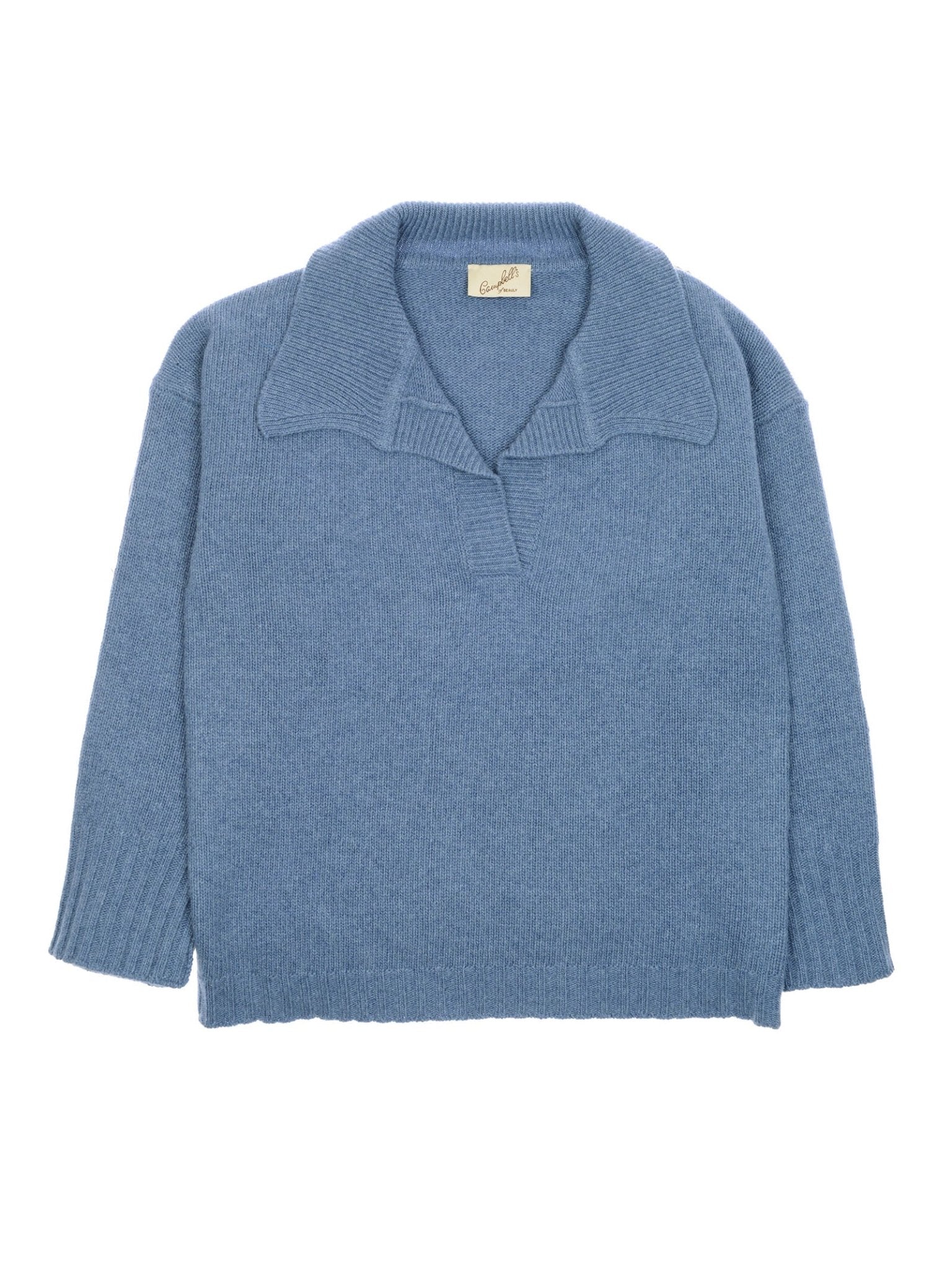 The Campbell's of Beauly Merino Cashmere Shirt Neck Jumper in light blue features long sleeves, a wide collar, and a short v-neck opening, shown laid flat on a white background.