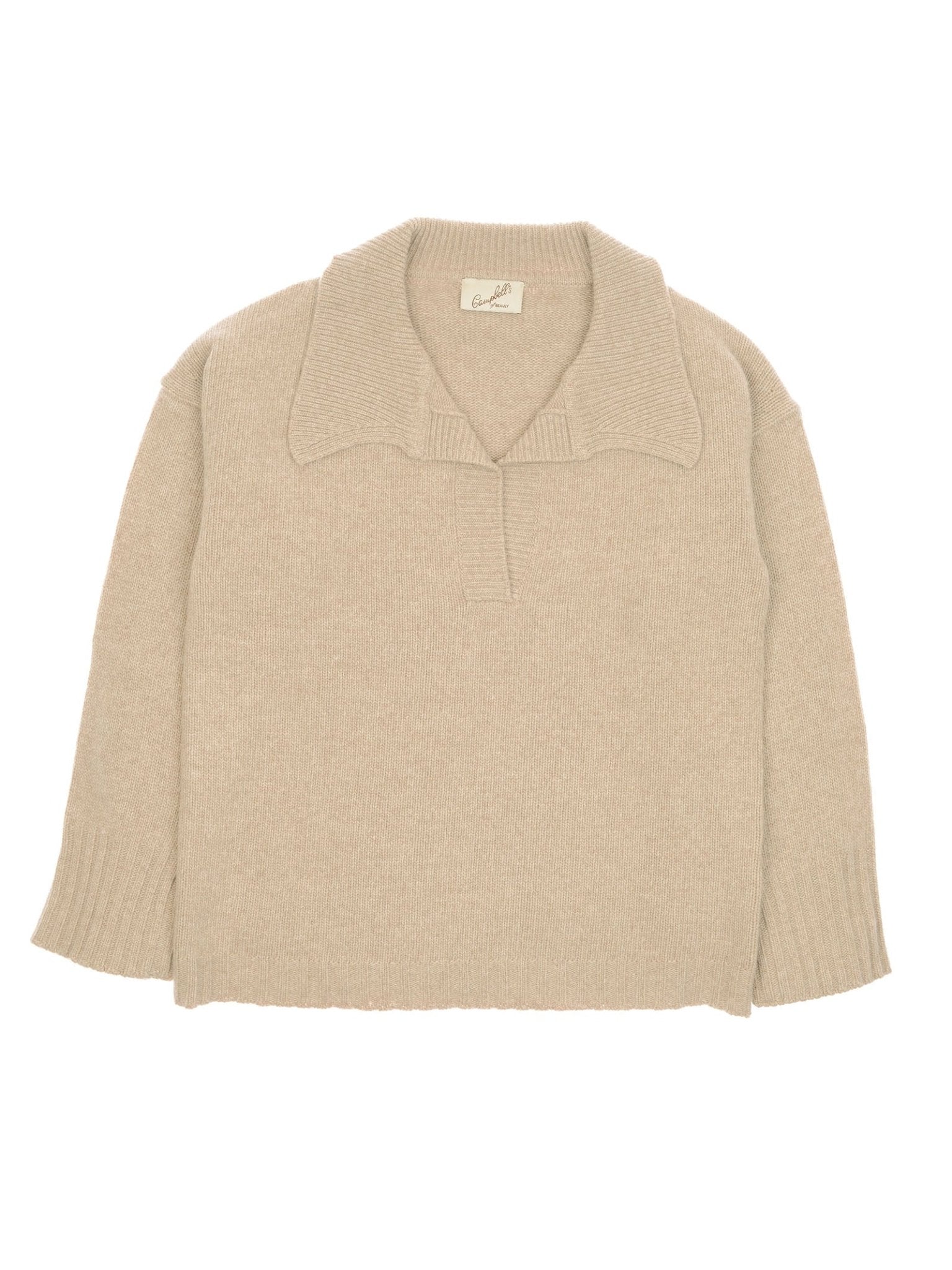 Campbell's of Beauly Merino Cashmere Shirt Neck Jumper in beige, featuring long sleeves, a wide collar, ribbed cuffs, and a short v-shaped neckline, laid flat on a white background.