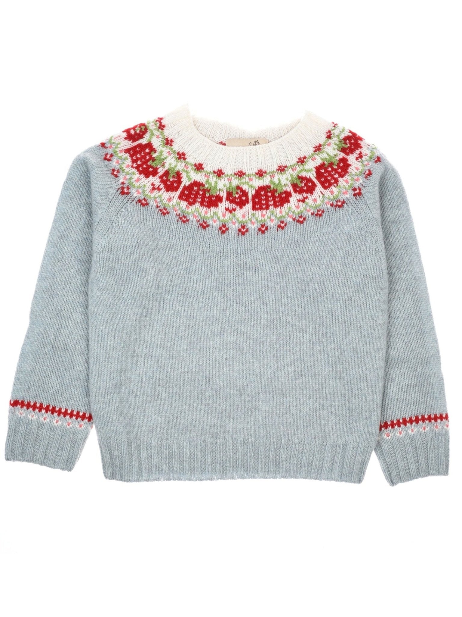 The Mini Strawberry Yoke Jumper by Campbell's of Beauly is a kids' light blue Geelong lambswool sweater with long sleeves, featuring a Fairisle yoke in white, red, and green at the neckline and matching cuff details.