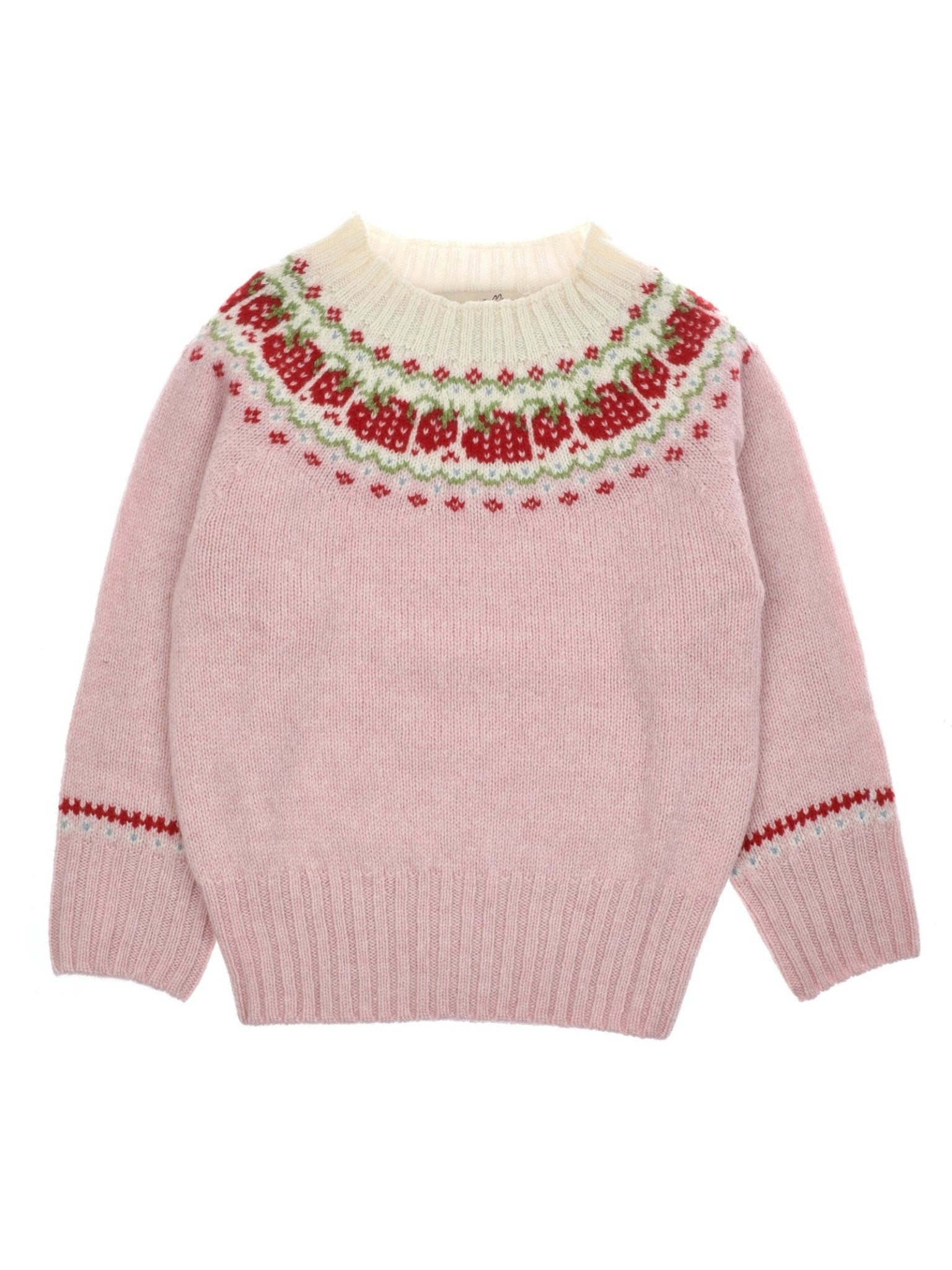 The Mini Strawberry Yoke Jumper by Campbell's of Beauly is a light pink kids knit sweater with a Fairisle yoke, white collar, ribbed hem and cuffs, red sleeve accents, and red, green, and white neckline pattern.