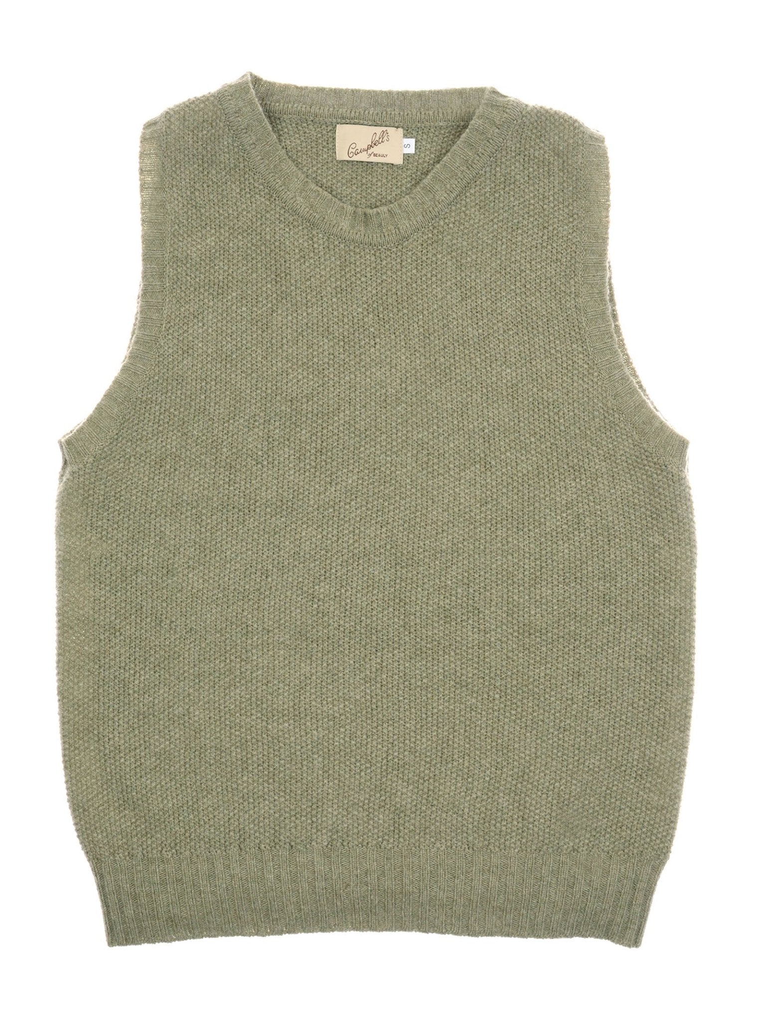 The Campbell's of Beauly Moss Stitch Crew Tank is a fine gauge, light olive-green knit vest with a round neckline and ribbed hem, shown laid flat on a white background.