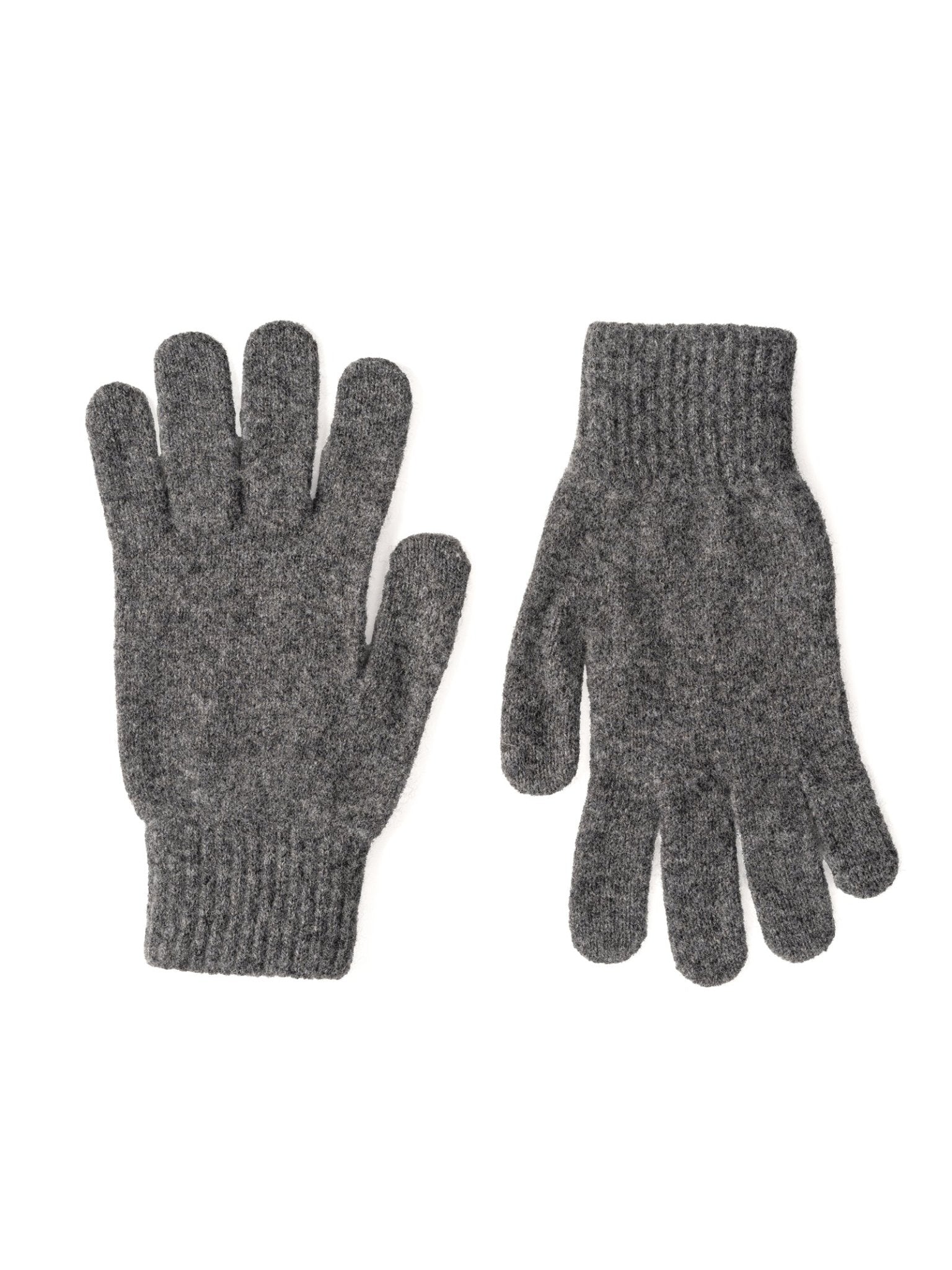 Campbell's of Beauly Lambswool Gloves in grey, shown flat to display both palm and back, feature ribbed cuffs—an essential cold-weather accessory inspired by Scottish Borders craftsmanship.