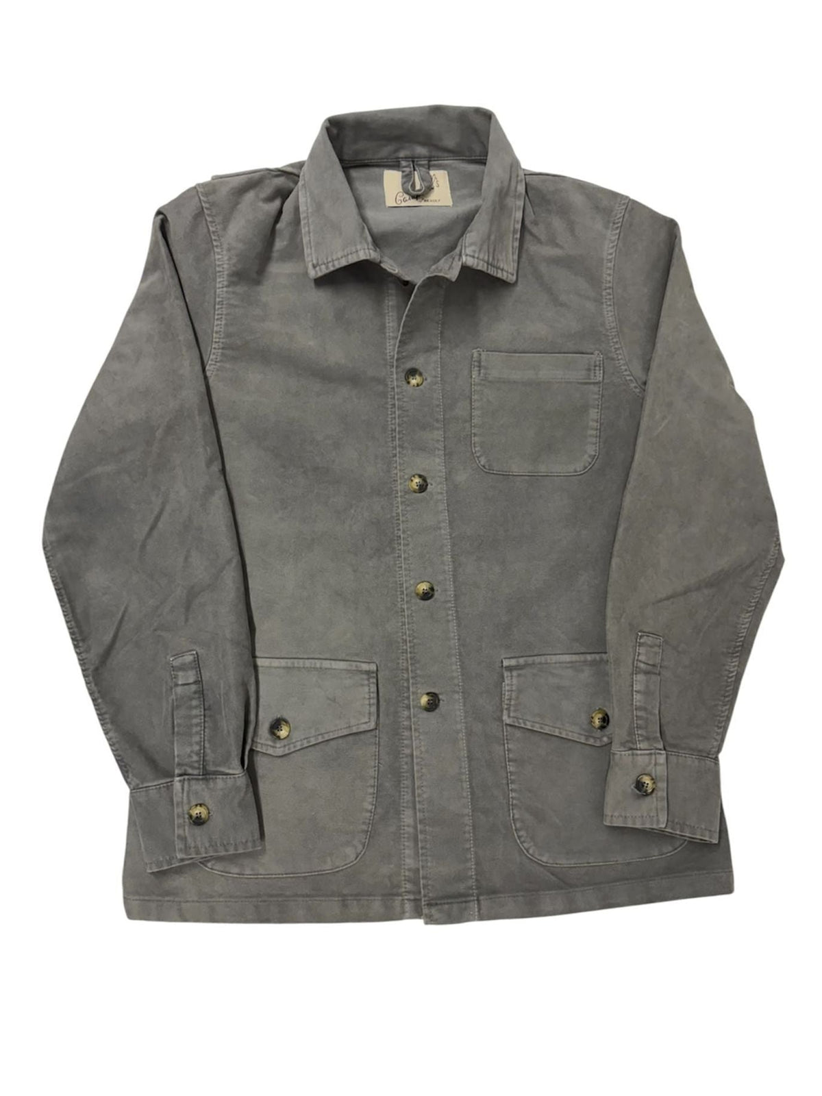 Dune-colored Nevis Jacket in cotton moleskin featuring a collar, button-down front, two front flap pockets, a single chest pocket, and buttoned cuffs.