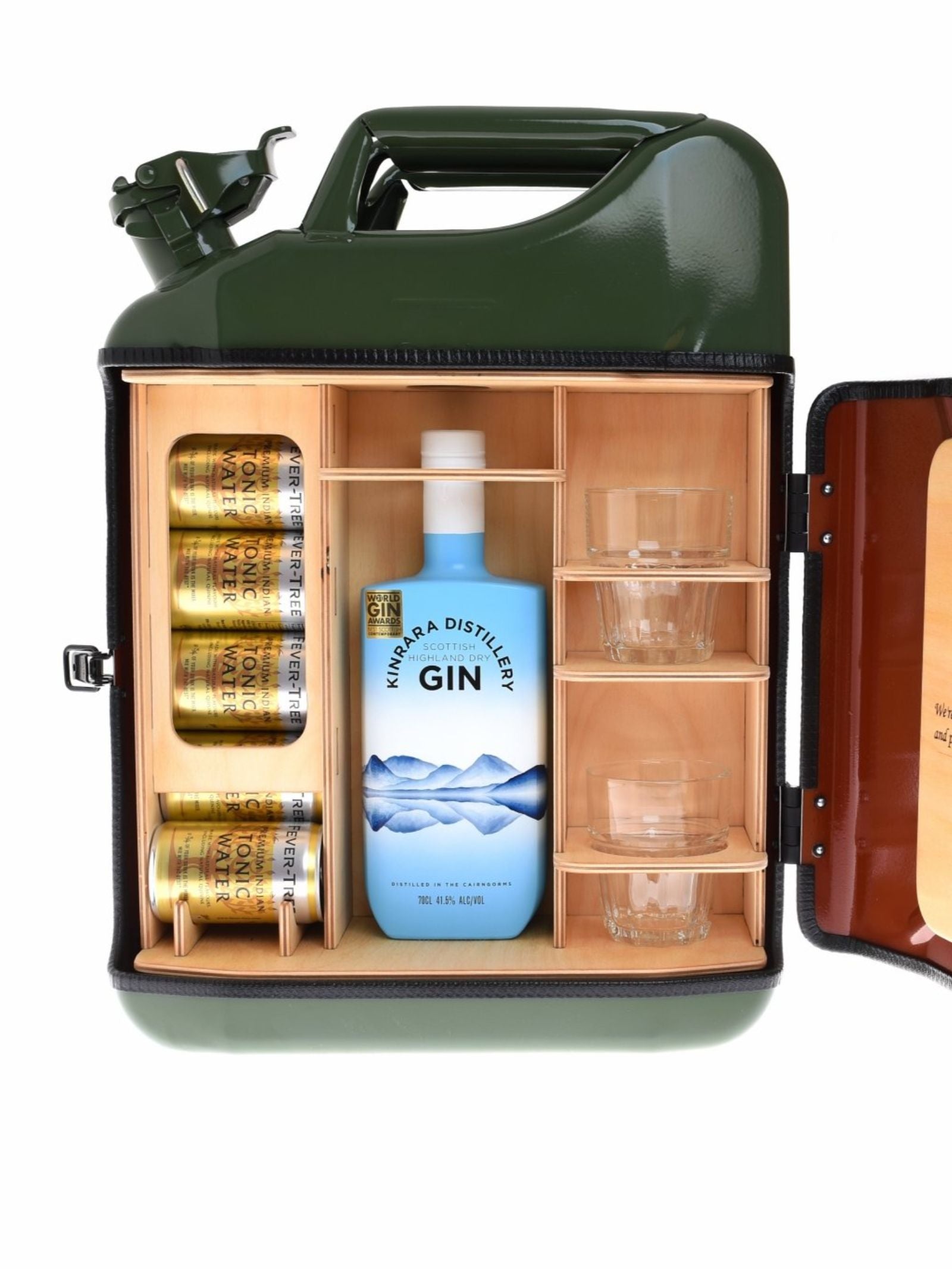 The Campbell's of Beauly Original Upcycled Mini Bar opens to reveal a bottle of gin, four tonic water cans, and two glasses, all neatly arranged inside wooden compartments.