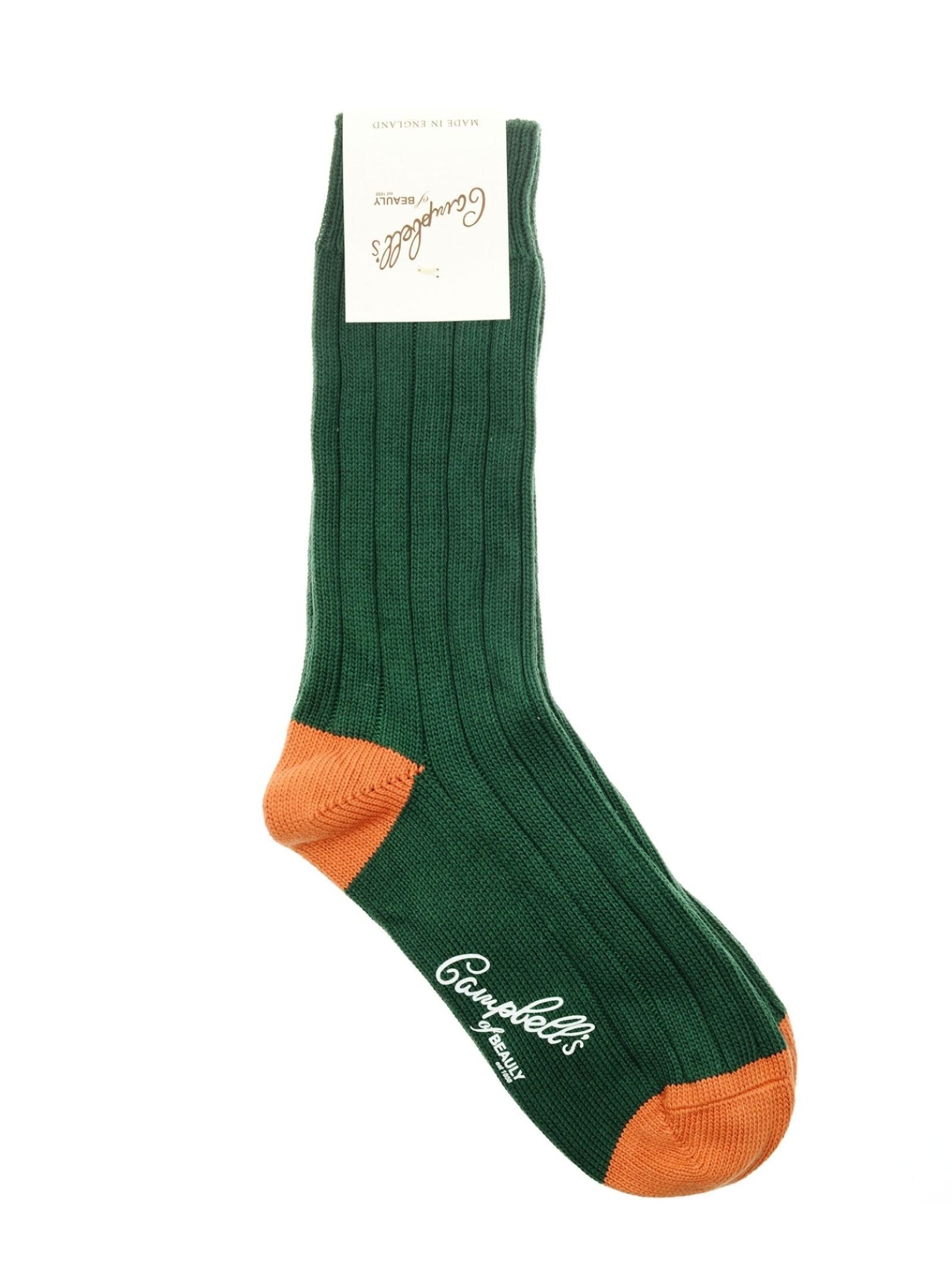 The Oxford Socks by Campbell’s of Beauly are ribbed green cotton socks with orange heel and toe accents, white branding on the foot, a white top label, and are made in the UK for everyday comfort and style.