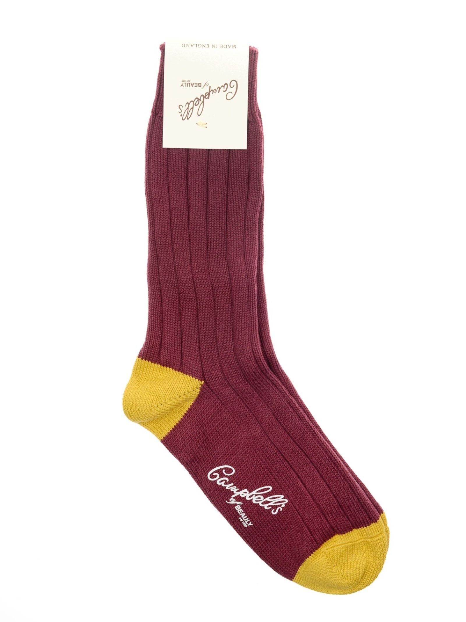 Campbell's of Beauly Oxford Socks: ribbed maroon cotton with yellow toes and heel, white Corgi logo near the toe, and a white top tag. Made in the UK—perfect for everyday wear.