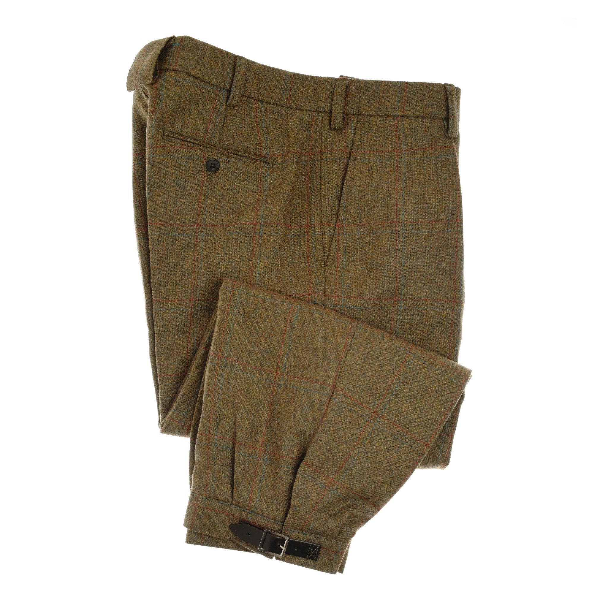 A pair of Campbell's of Beauly Plus Fours in brown Scottish wool with a subtle plaid pattern, rear pocket, and adjustable cuff buckles—ideal for men’s country sports attire, shown on a white background.