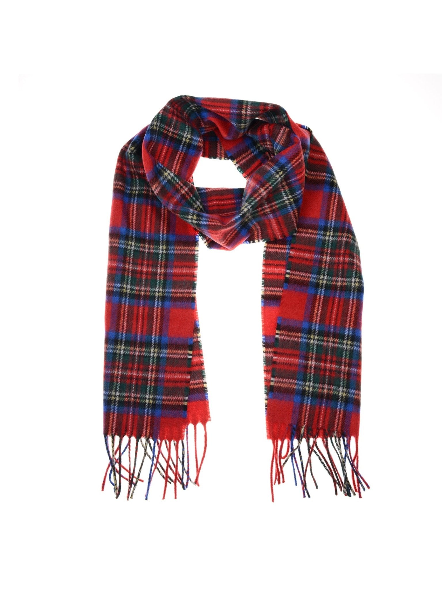 The Unisex Cashmere Tartan Scarf by Campbell's of Beauly features a red base with blue, black, green, and white plaid patterns and fringed ends, shown laid flat on a white background.