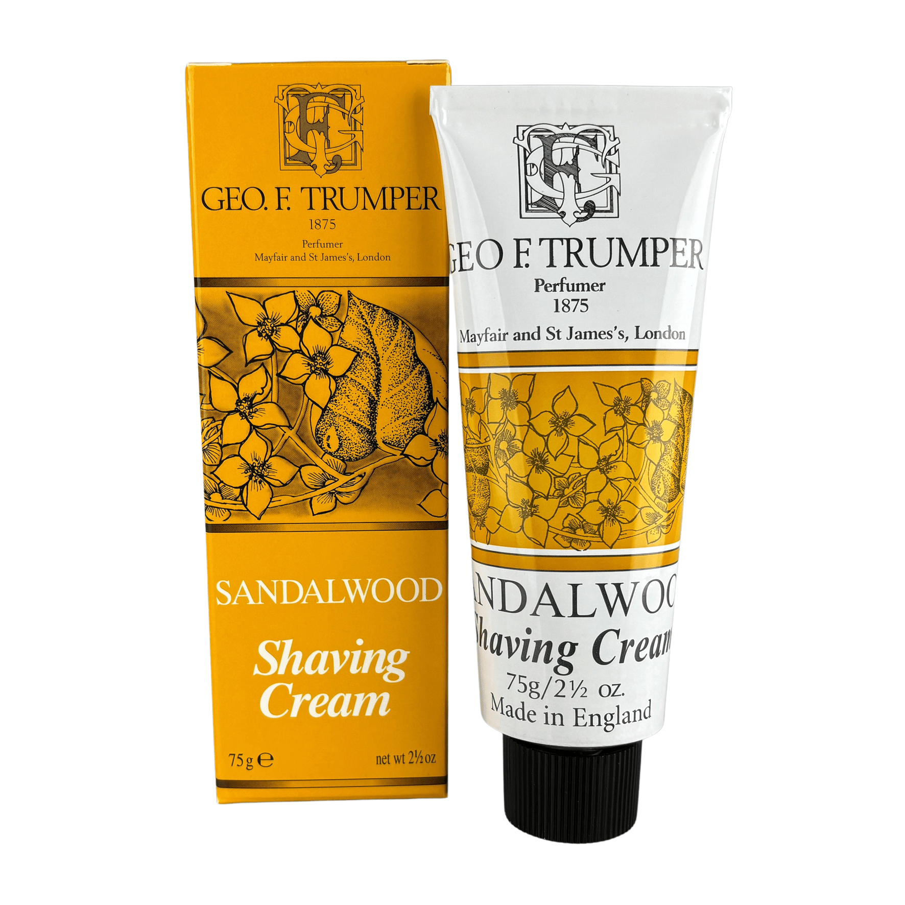 Geo. F. Trumper Sandalwood Soft Shaving Cream Tube 75g is a glycerine-based shaving cream with yellow and white floral-themed packaging, labeled Made in England.