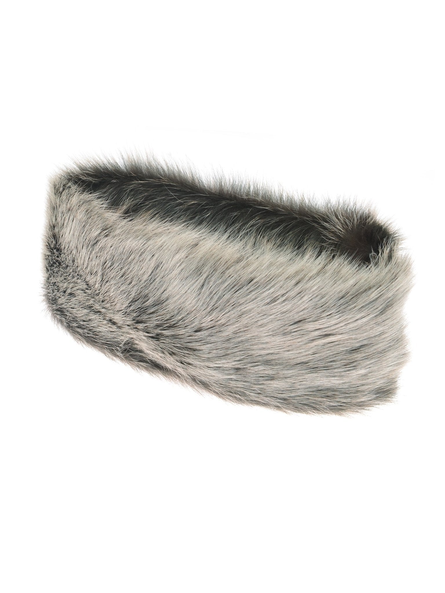 The Campbell's of Beauly Sheepskin Headband is an oval luxury winter accessory in gray and white faux fur with a realistic texture, shown on a white background.