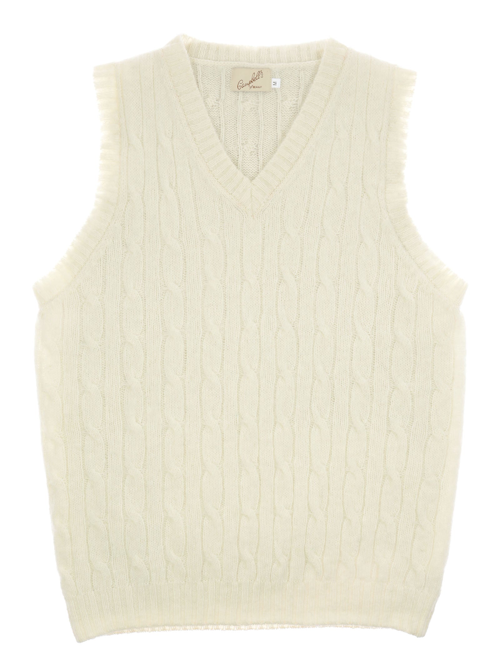 The Campbell's of Beauly Shetland Cable Slipover, a cream cable knit vest with a V-neck and ribbed edges, crafted in Scotland from soft Shetland wool, is shown laid flat on a white background.