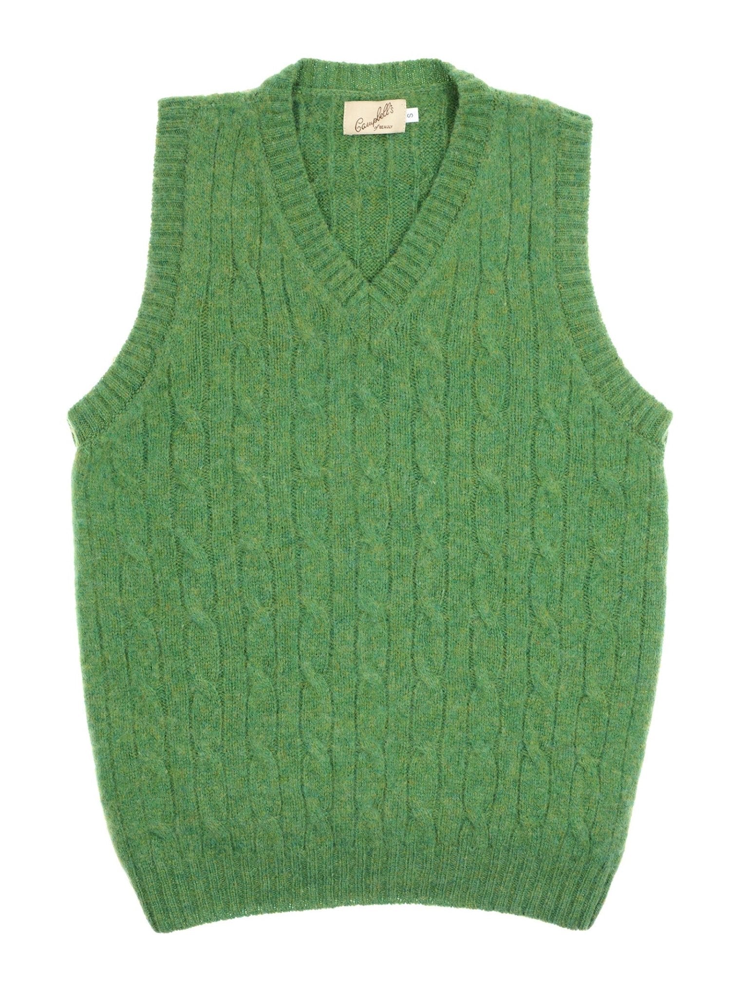 The Shetland Cable Slipover by Campbell's of Beauly is a green, sleeveless cable knit vest with a V-neck, shown laid flat on a white background.