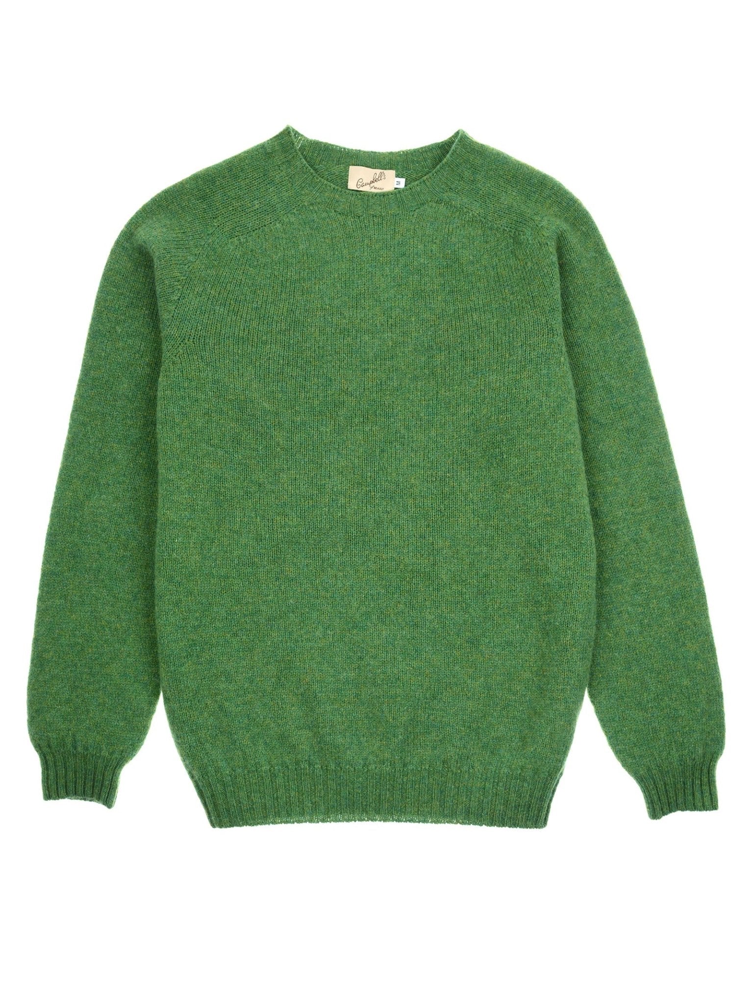 The Campbell's of Beauly Shetland Jumper is a green lambswool sweater with long sleeves and a crew neck, inspired by classic Scottish knitwear, shown flat on a white background.